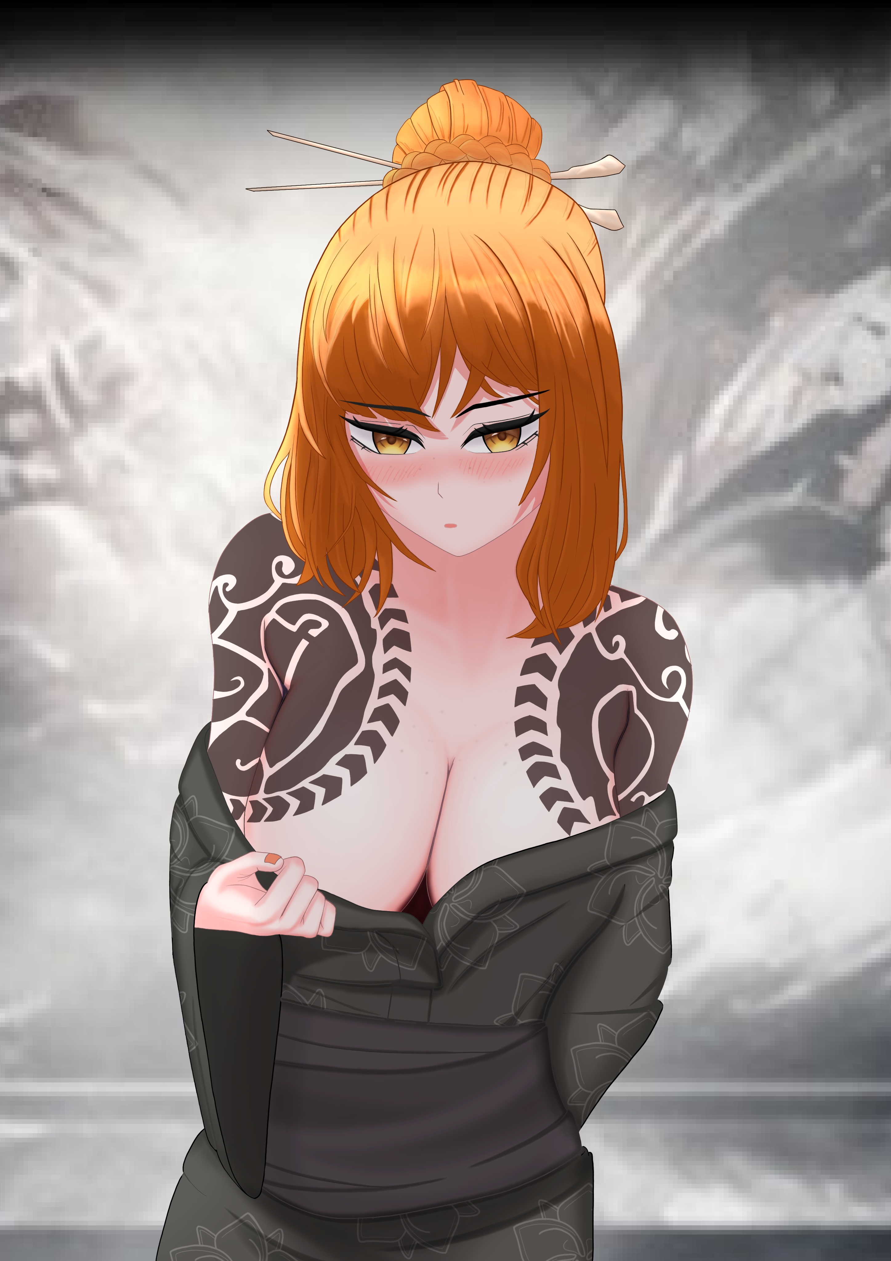 1girls, big breasts, breasts, cleavage, female, female only, freckles, ginger, ginger hair, irezumi, ishmael (limbus company), kurokumo clan (identity) (project moon), limbus company, orange hair, ponytail, project moon, shoulder tattoo, tattoo, tattoos, yakuza tattoo, yellow eyes