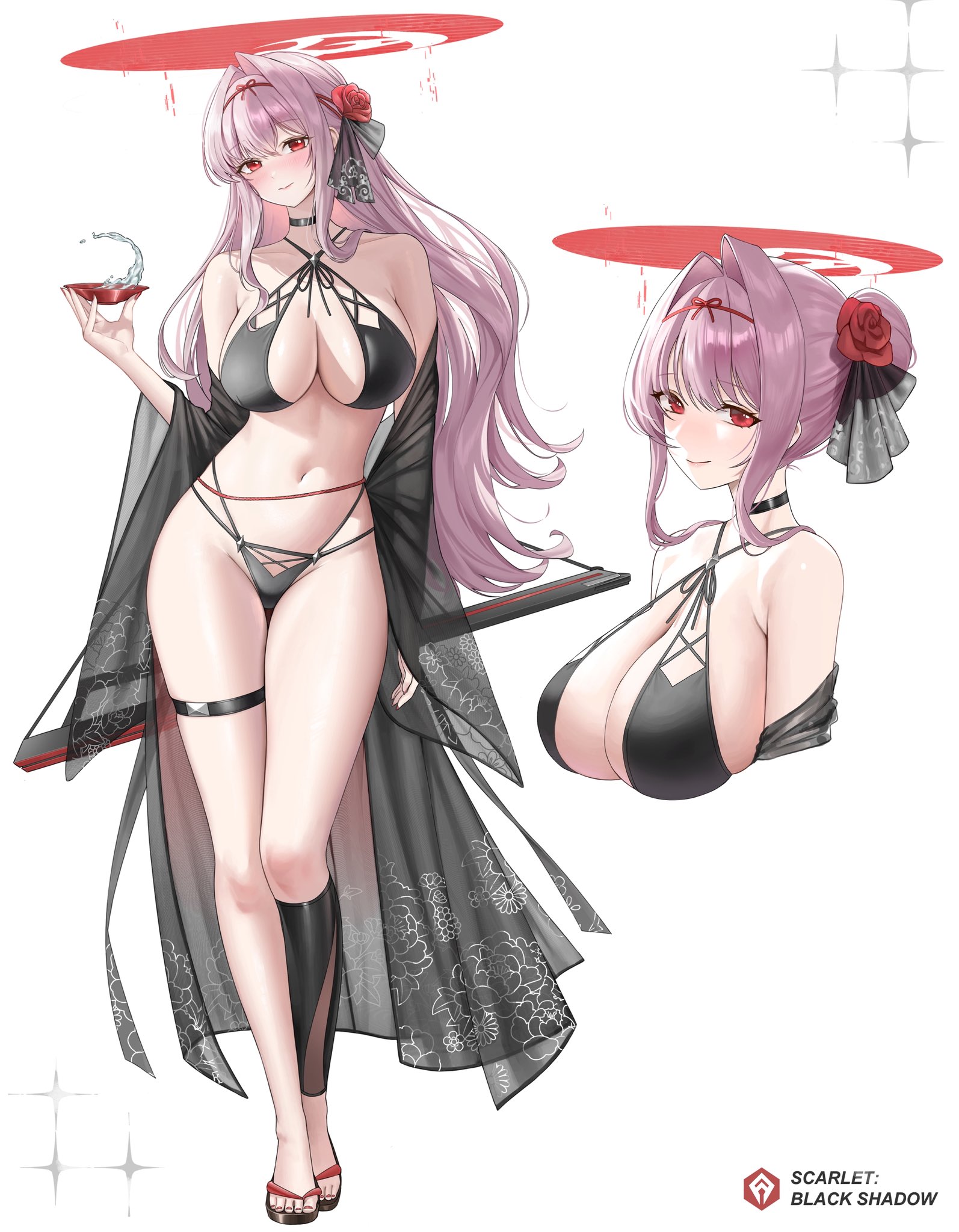 alternate costume, bikini, black bikini, black choker, breasts, choker, choko (cup), cup, dang geun23283, female, full body, goddess of victory: nikke, highres, holding, holding cup, large breasts, navel, official alternate design, pink hair, red eyes, scarlet (black shadow) (nikke), scarlet (nikke), solo, swimsuit