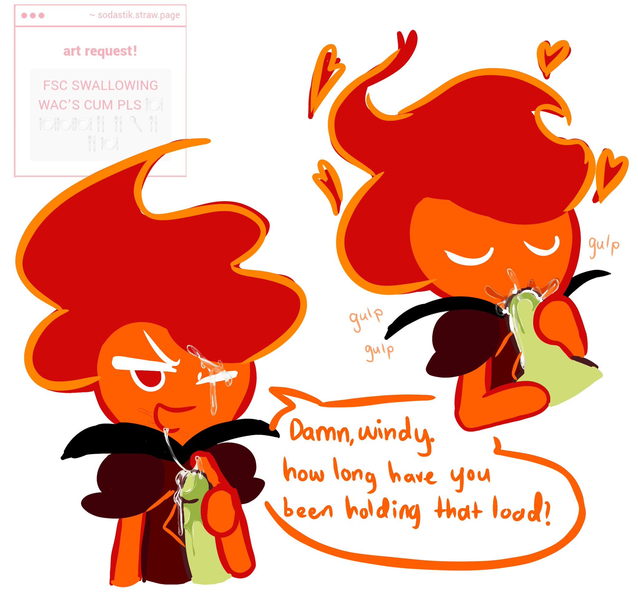 blowjob, closed eyes, cookie run, cookie run kingdom, cookie run ovenbreak, cum, cum in mouth, cum inside, cum on face, dialogue, fire spirit cookie, gay, gay blowjob, gulp, gulp (sound effect), male, one eye closed, oral, oral sex, penis, sodastik, strawpage request, sucking, sucking penis, swallowing, swallowing cum, wind archer cookie