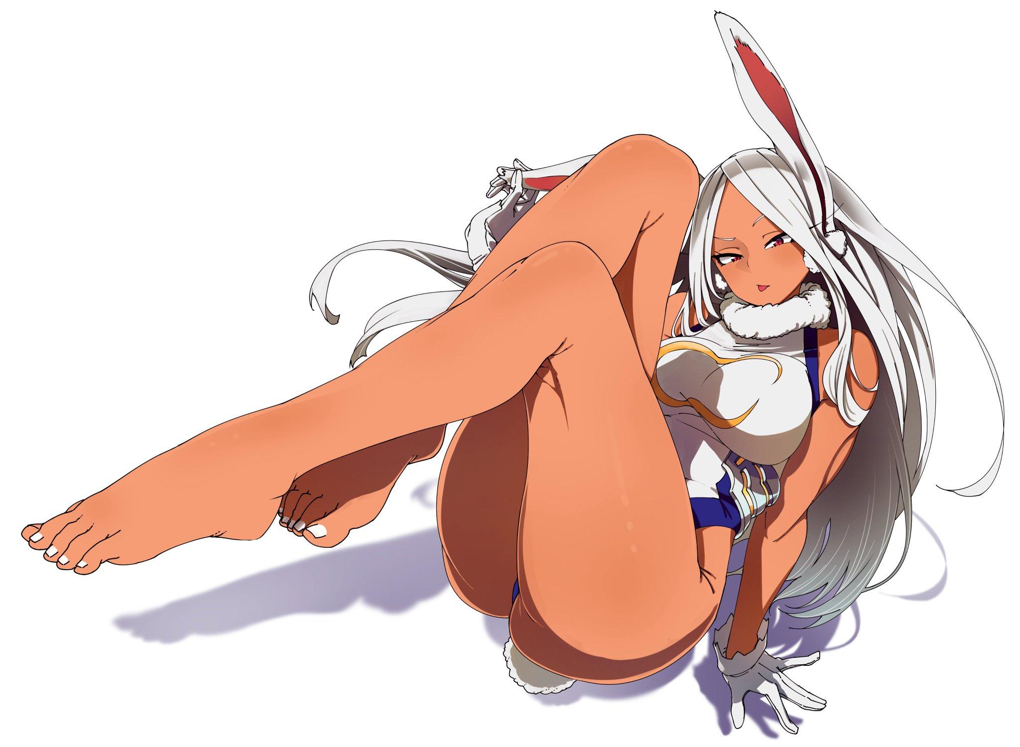 dark-skinned female, feet, female, mirko, miruko, my hero academia, pose, red eyes, toes, white hair