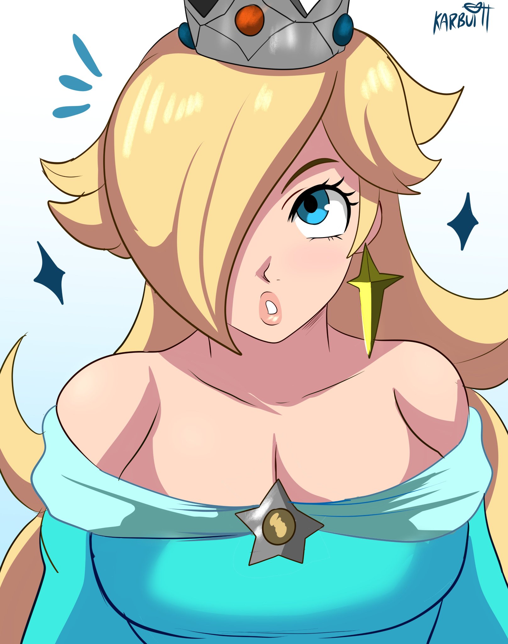 1girls, artist name, blonde hair, blue dress, blue eyes, breasts, cleavage, crown, dress, earrings, female, hair over one eye, karbuitt, large breasts, long hair, looking at viewer, mario (series), nintendo, princess rosalina, silver crown, solo, solo female, solo focus, strapless, strapless dress, super mario galaxy