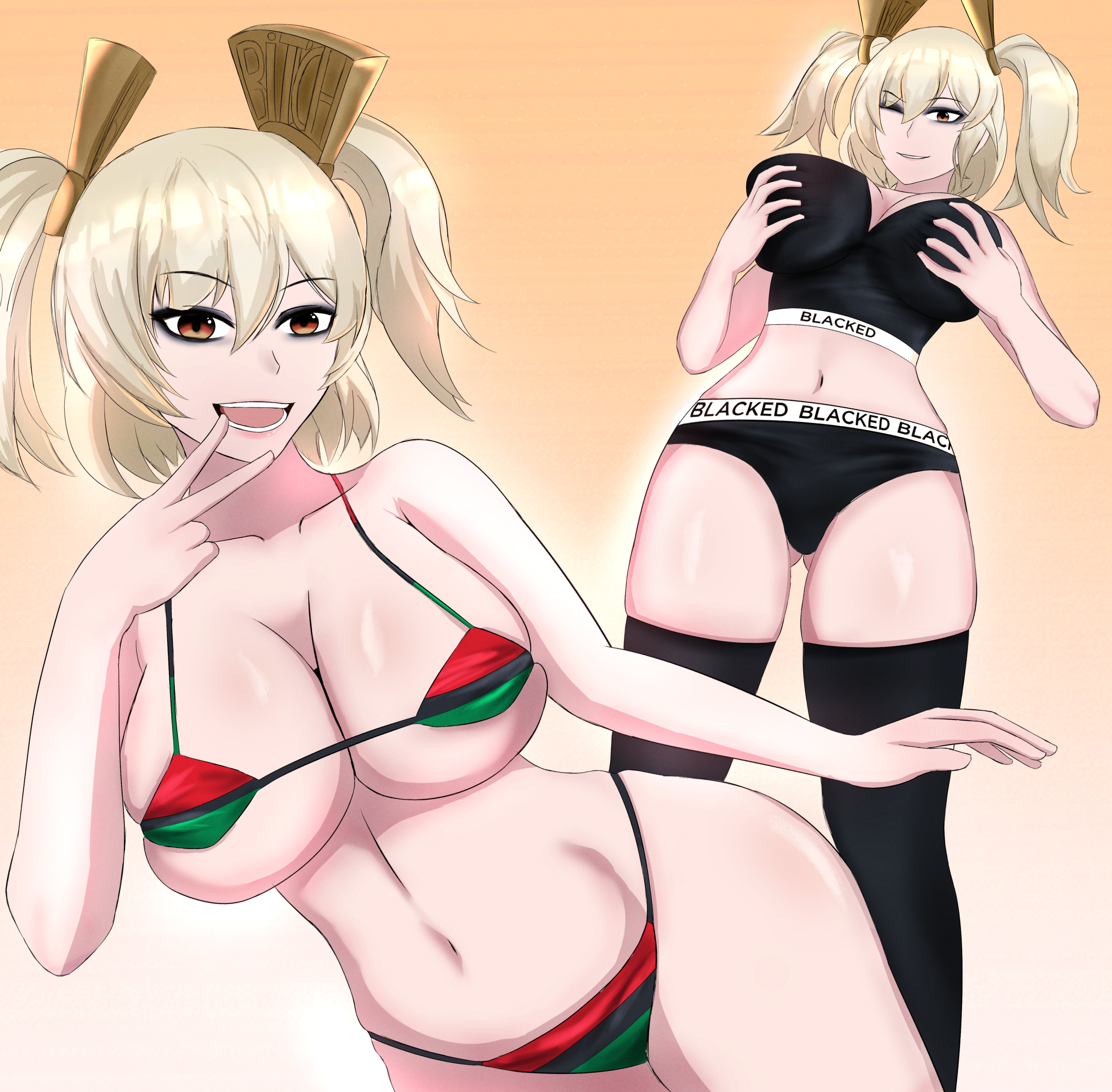1girls, ass, big ass, big breasts, bikini, blacked, blacked clothing, blonde hair, breasts, burnice white, color, eyeshadow, grabbing own breast, huge ass, kanikamidesu, light skin, light-skinned female, pan african colors, pan-african colors, pan-african flag, pan-african flag bikini, solo, solo focus, thick legs, thick thighs, thighhighs, thighs, zenless zone zero