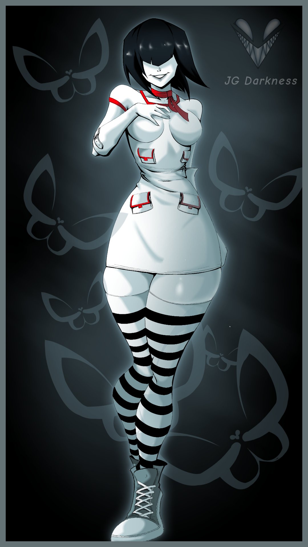 1girls, asian, asian female, breasts, converse, female, female focus, female only, gorillaz, goth girl, jg darkness, noodle (gorillaz), noodle (plastic beach), solo, solo female, solo focus, striped thighhighs, thick thighs, thigh highs