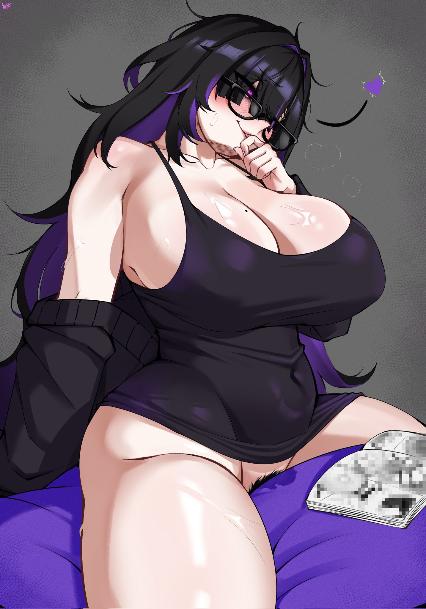 1girls, ass, bangs, bare shoulders, big breasts, black cardigan, black dress, black hair, black-framed eyewear, blush, breasts, cardigan, clarkekitsp, cleavage, colored inner hair, dress, erection, female, female only, glasses, goddess of victory: nikke, highres, huge breasts, label (nikke), large breasts, long hair, messy hair, mole, mole on breast, multicolored hair, pubic hair, purple hair, sex, tagme, tank top, thick thighs, thighs, very long hair