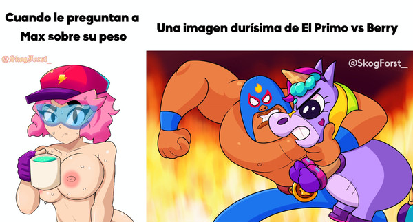 1girls, 2boys, berry (brawl stars), brawl stars, el primo (brawl stars), female, male, max, max (brawl stars), meme, meme reference, skogforst, streetwear max, text, tinted eyewear
