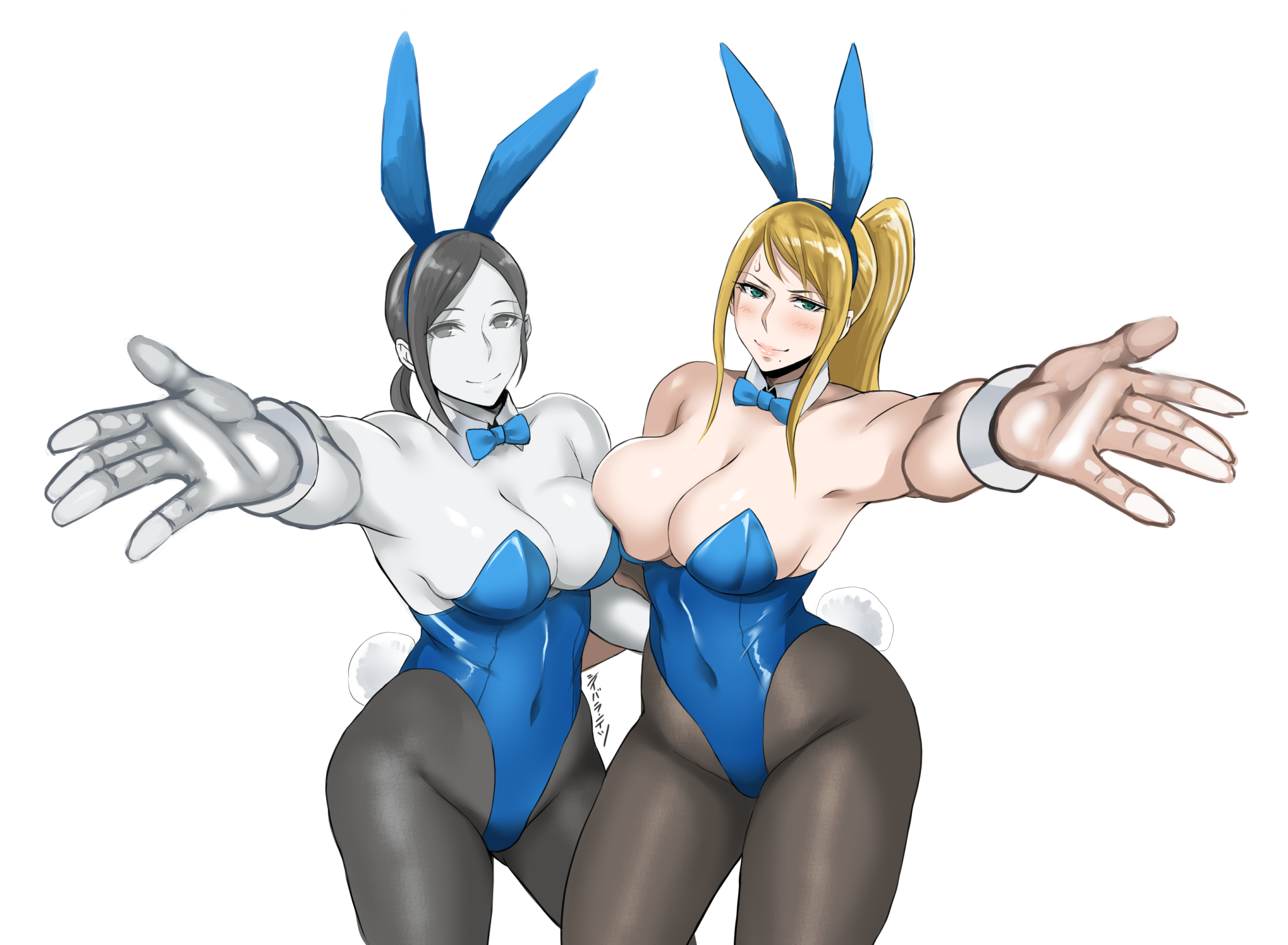 2girls, animal ears, arm around waist, armpits, asymmetrical docking, black hair, blonde hair, blue eyes, blue leotard, blush, bow, bowtie, breast press, breast-to-breast, breasts, bunnysuit, cleavage, clothing, colored skin, covered navel, crossover, detached collar, detached sleeves, dual persona, fake animal ears, fake tail, female, female only, green eyes, grey body, grey eyes, grey hair, grey skin, hair, hi res, highleg, human, large breasts, legwear, leotard, light skin, light-skinned female, long hair, looking at viewer, metroid, mole, mole under mouth, multiple girls, navel visible through clothes, nintendo, pale skin, pale-skinned female, pantyhose, playboy bunny, ponytail, pussy, pussy juice, rabbit ears, rabbit tail, samus aran, seductive, shibusun, sidelocks, smile, spread legs, strapless, strapless leotard, super smash bros., sweatdrop, tail, thick thighs, thighhighs, thighs, tied hair, tight clothes, white background, white skin, wide hips, wii fit, wii fit trainer, wii fit trainer (female), wrist cuffs, zero suit, zero suit samus
