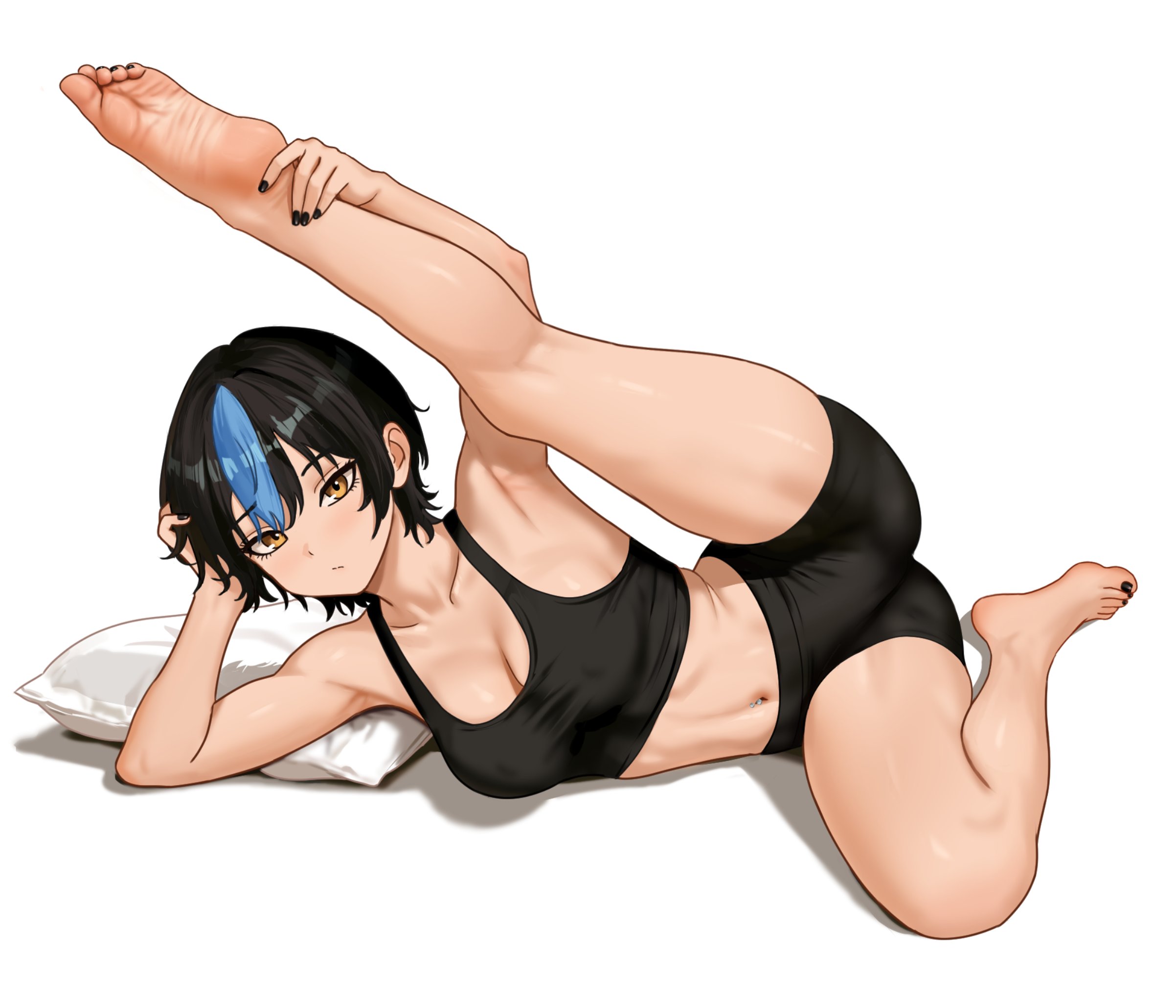 1female, 1girls, barefoot, belly button, black toenails, feet, female, female only, flexing, leg up, looking at viewer, navel, nihu, short hair, soles, stretching, thick thighs, thighs, toe curl, tomboy