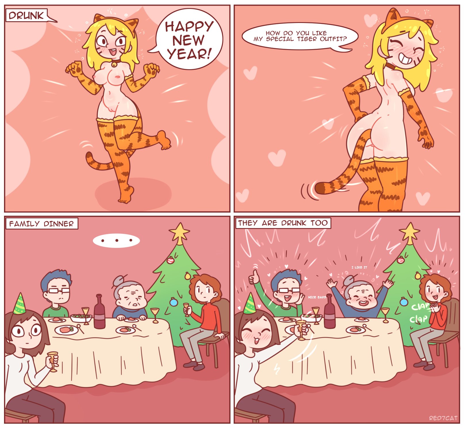 big breasts, breasts, closed eyes smile, comic, digital media (artwork), english, female, happy new year, multiple images, panels, red7cat, thighs