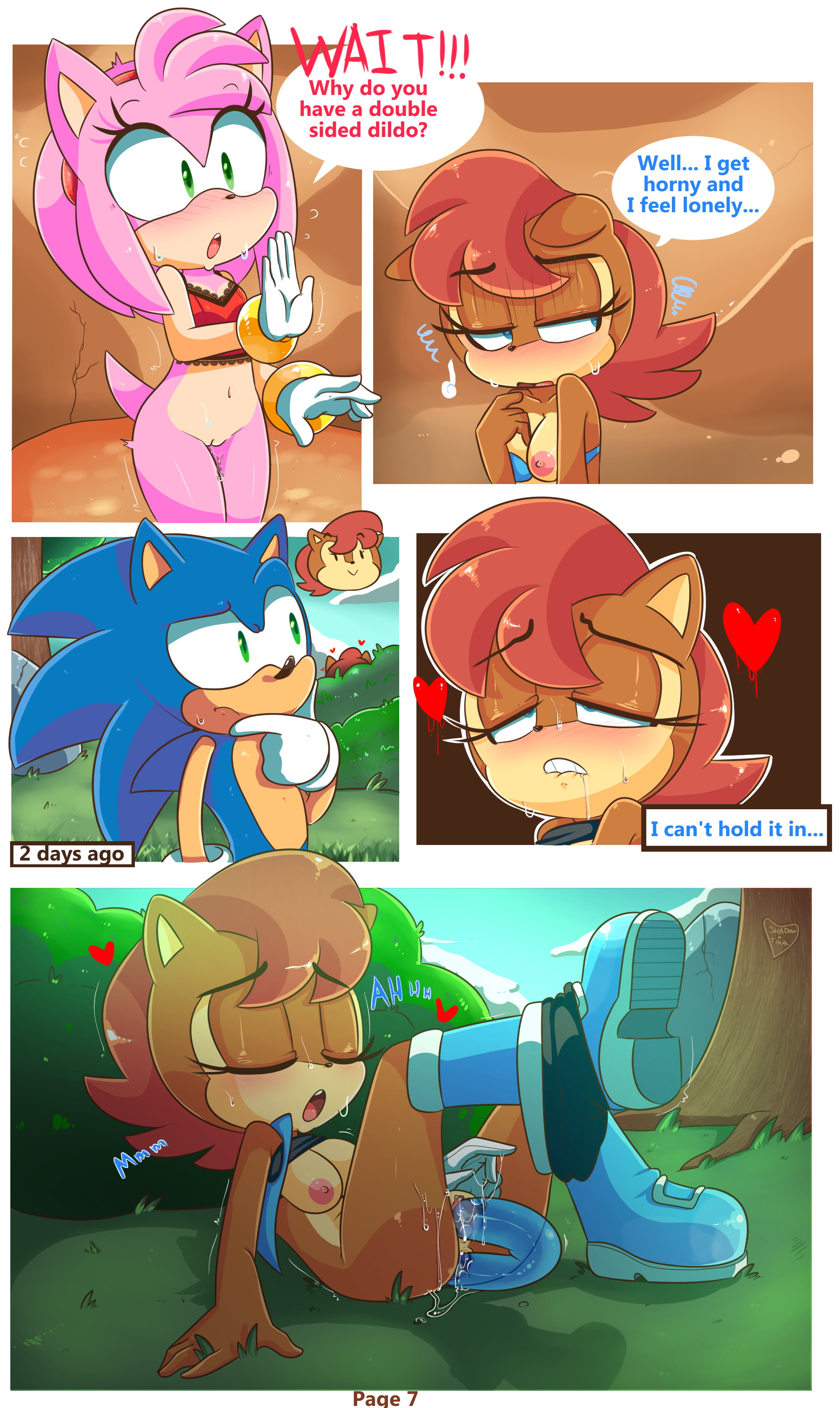 2018, amy rose, anthro, anus, archie comics, blue eyes, blush, bottomless, bra, breasts, brown fur, brown hair, chipmunk, cleavage, closed eyes, clothed, clothed masturbation, clothing, comic, dialogue, dildo, double dildo, double penetration, english text, female, fur, gloves, green eyes, hair, hearlesssoul, heart, hedgehog, hidden, legs up, mammal, masturbation, navel, nipples, open mouth, partially clothed, penetration, pink fur, pink hair, public masturbation, pussy, pussy juice, pussy juice drip, red hair, rodent, saliva, sally acorn, sega, sex, sex toy, sonic (series), sonic the hedgehog, sonic the hedgehog (archie), sonic the hedgehog (comics), sonic the hedgehog (series), spread legs, spreading, squirrel, sweat, text, tongue, tongue out, undressing, vaginal penetration