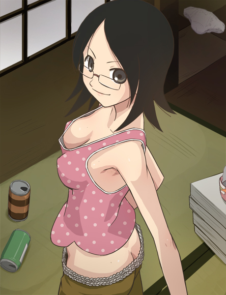 00s, 1girls, 2000s, 2008, armpit, armpits, asian female, ass cleavage, ass crack, black hair, breasts, butt crack, clothed, dark eyes, downblouse, female, female only, from above, fujiyoshi harumi, fully clothed, glasses, haruyama kazunori, light skin, light-skinned female, looking at viewer, no bra, panties, sayonara zetsubou sensei, short hair, smile, solo, source not archived, source request, tank top, thin eyebrows, underwear, waist
