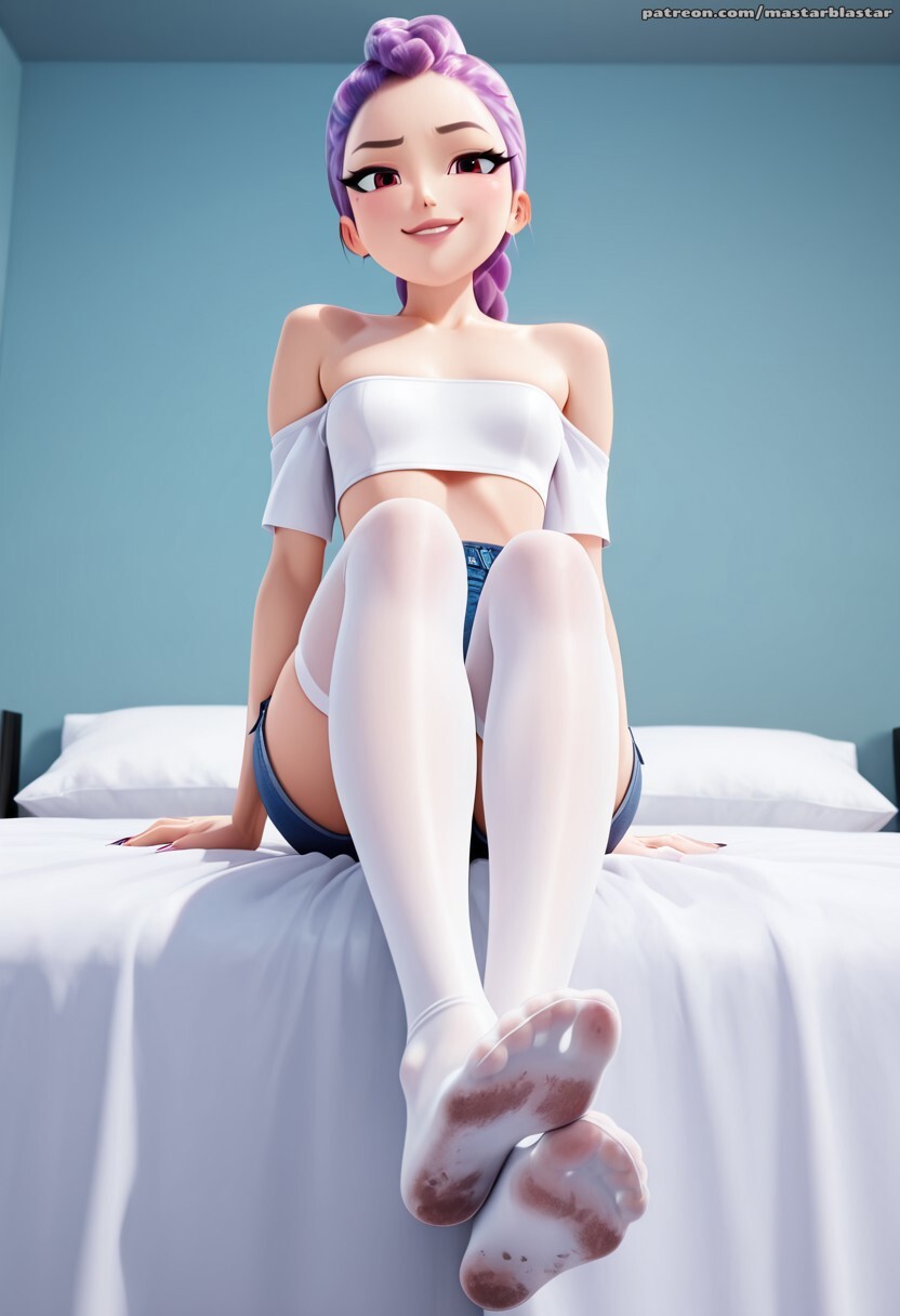 ai generated, athletic, athletic female, bed, bedroom, braid, braided hair, braided ponytail, breasts, dirty feet, dirty socks, feet, female, flat chest, flat chested, foot fetish, foot focus, jeans, kpop demon hunters, long eyelashes, long hair, long nails, looking at viewer, looking down at viewer, low angle, mastarblastar, off shoulder, petite, petite body, petite female, purple hair, red eyes, rumi (kpop demon hunters), shorts, sitting, small breasts, smug, smug face, soles, transparent, white thighhighs, white topwear