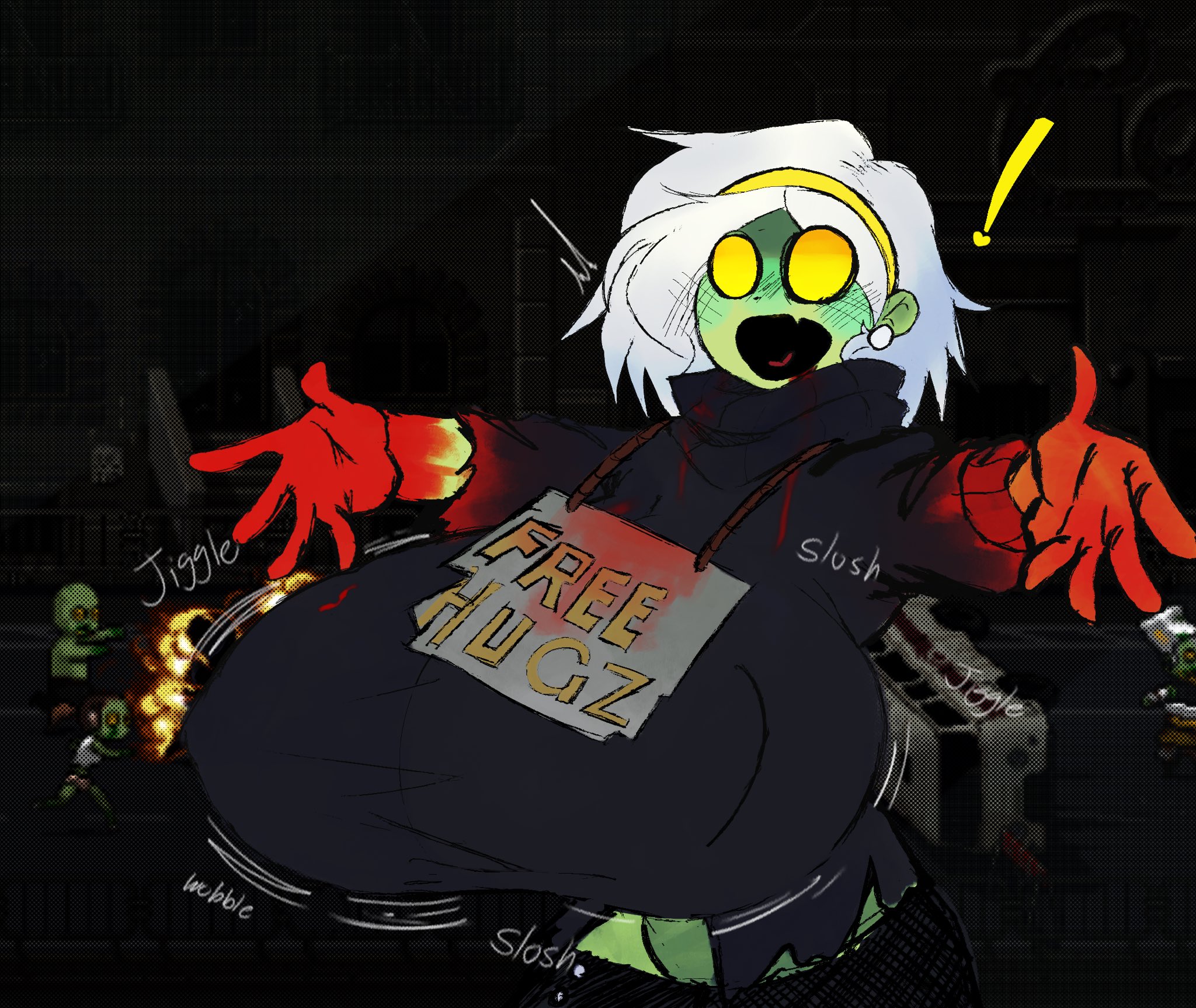 !, 1girls, big breasts, blood, breasts, dead ahead, earrings, free hugs, free hugs (dead ahead), hoodie, huge breasts, jiggle, solo, solo female, sunsettcatty (artist), u nkno3ngrounds, white hair, zombie, zombie girl