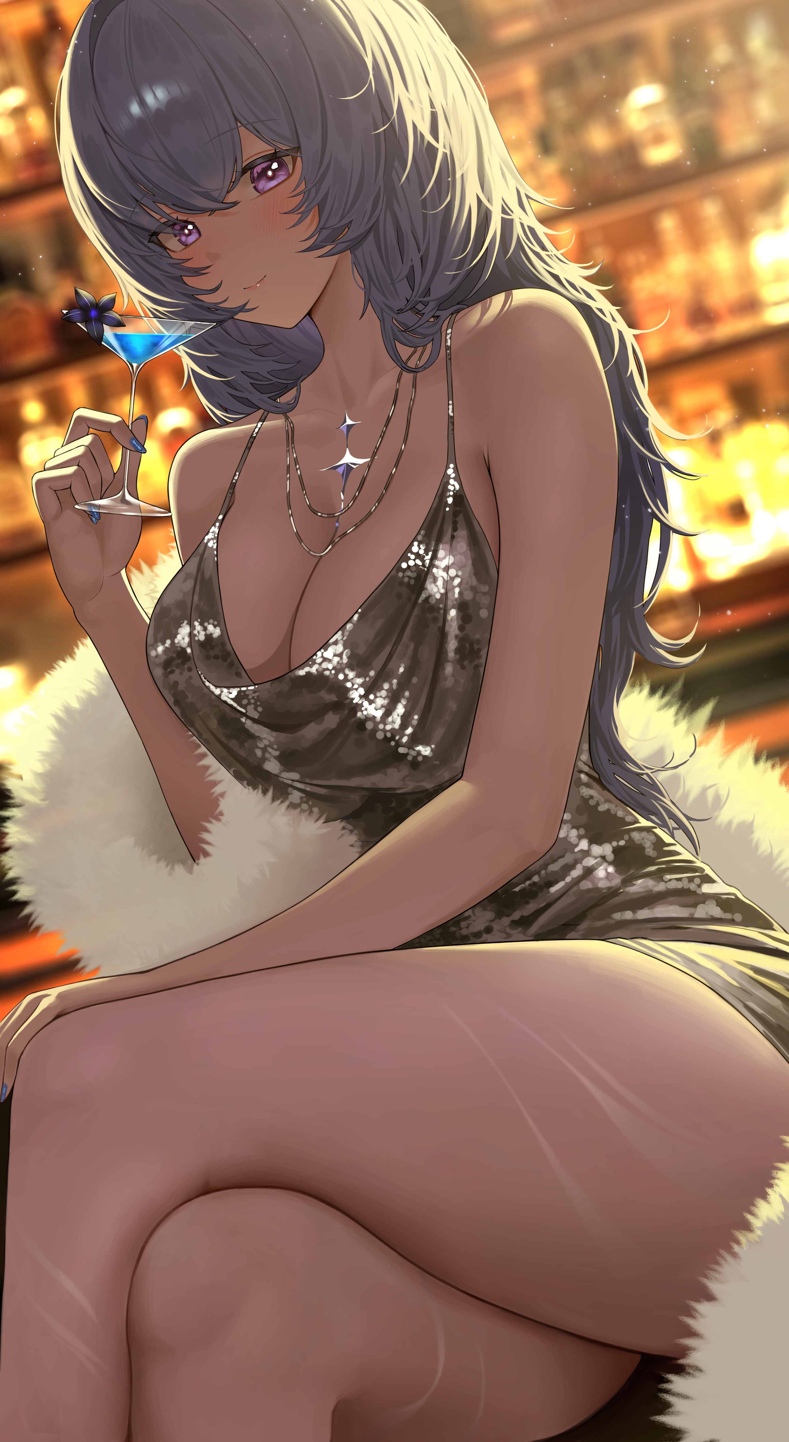 absurdres, alternate costume, alternate hair length, alternate hairstyle, bar (place), bare shoulders, black flower, blake bloom (wuthering waves), blue hair, blurry, blurry background, breasts, closed mouth, commentary, crossed legs, cup, dang geun23283, dress, drinking glass, evening gown, feet out of frame, female, flower, hair between eyes, highres, holding, holding cup, jewelry, large breasts, long hair, looking at viewer, necklace, purple eyes, shorekeeper (wuthering waves), smile, solo, the shorekeeper (wuthering waves), thighs, very long hair, wuthering waves