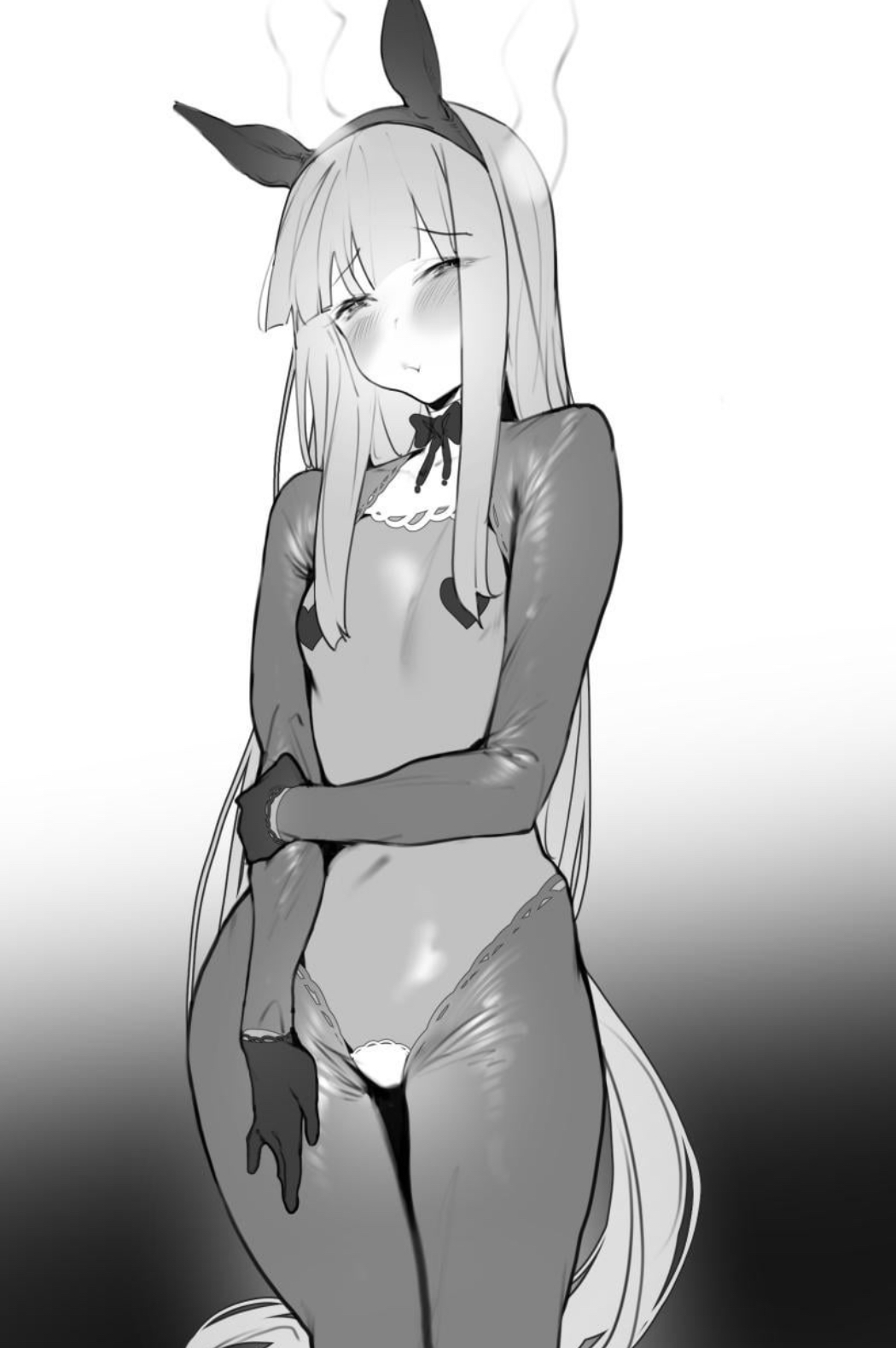 bangs, covered nipples, female, female only, flat chest, kingbole, long hair, petite, reverse bunnysuit, see-through clothing, shy expression, silence suzuka (umamusume), small breasts, star censor, umamusume, umamusume pretty derby