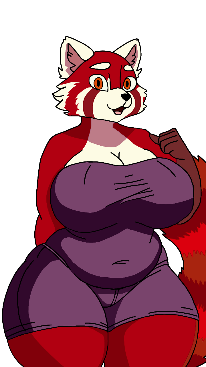 1girls big_belly big_breasts breasts chubby female female_only furry furry_ears furry_only furry_tail happy large_breasts long_tail orange_eyes panda purple_outfit red_fur red_panda solo ther34act thick_thighs thighs white_background wide_hips