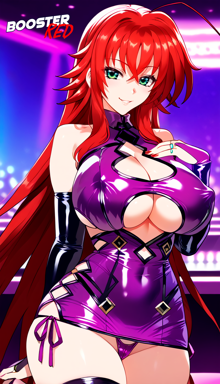 adjusting_panties ai_generated bare_shoulder bodycon boosterred99 bridal_gauntlets brown_eyes cameltoe cleavage clothing_cutout covered_navel covered_nipples cutout dress female female_only green_eyes high_school_dxd large_breasts latex_panties long_hair post-timeskip red_hair rias_gremory ring seductive_smile shiny_clothes side-tie_panties side_locks sideboob skirt solo underboob wavy_hair