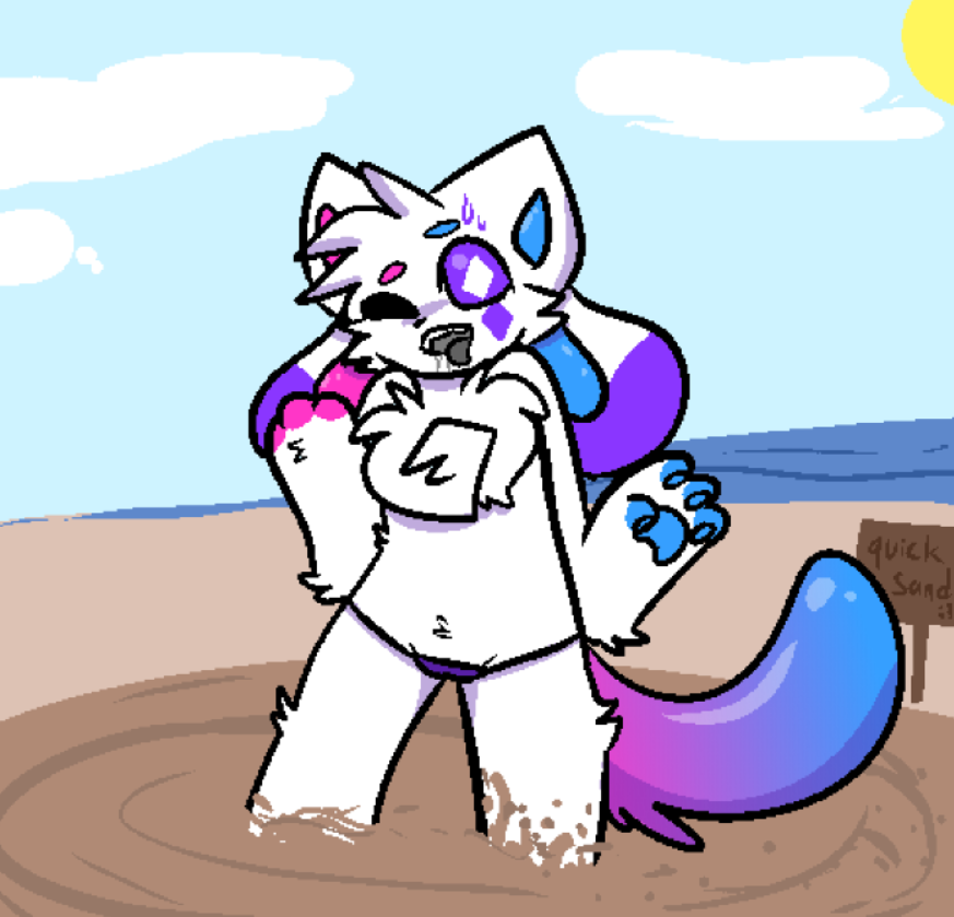 animation_meme_community anthro beach cat_ears chest_fur chest_tuft clouds crystal_sprinkles dog_ears drowning g_string kittydog_(species) kittydogcrystal knee_deep multicolored_eyebrows multicolored_paws multicolored_tail one_eye_closed outdoors panties purple_eyes quicksand sand sunny sweat tagme water_body white_fur wink