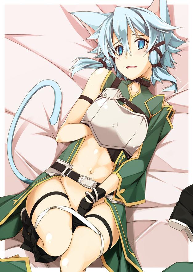 alfheim_online animal_ears asada_shino blue_eyes blue_hair breasts cait_sith cat_ears cat_tail female gloves masturbation pov scarf shikei short_hair sinon solo sword_art_online sword_art_online:_calibur tail