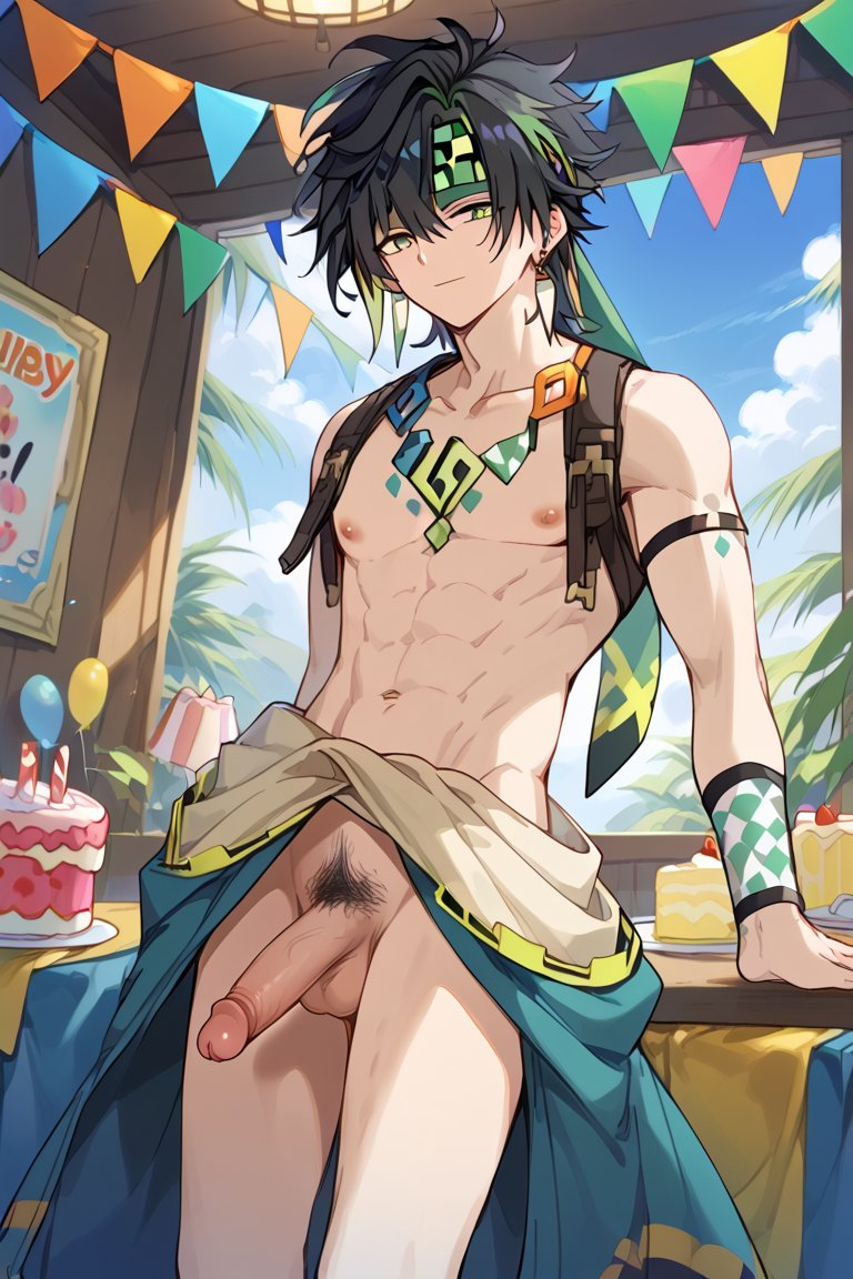 ai generated, balls, gay, genshin impact, kinich (genshin impact), male, male only, noahai, penis, tagme, yaoi