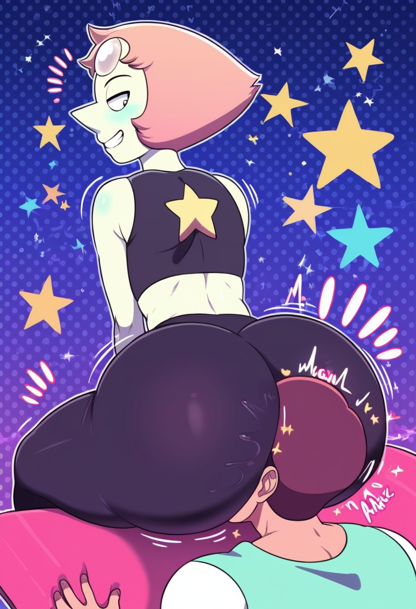 1boy 1girls ai_generated ass_focus ass_worship cunnilingus cunnilingus_through_clothes face_in_ass facesitting licking_pussy pearl_(steven_universe) wolfiazin960(artist)