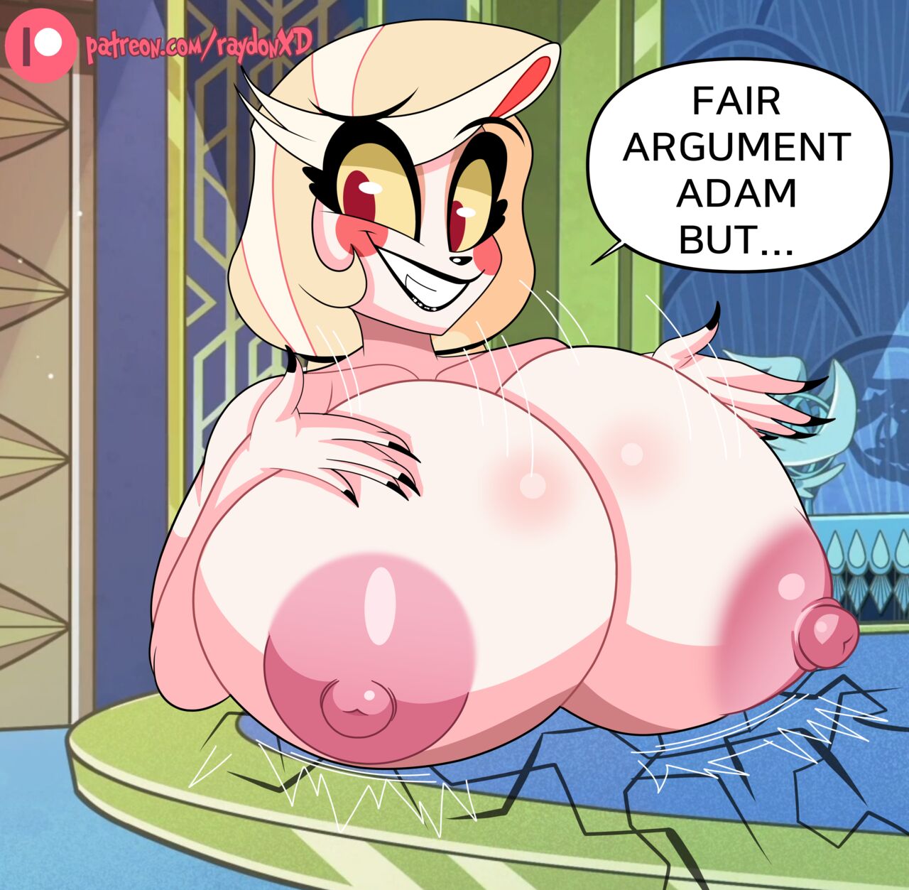 breasts_bigger_than_head charlie_morningstar_(hazbin_hotel) fair_argument_but… female hazbin_hotel huge_breasts hyper_breasts raydonxd solo_female tagme