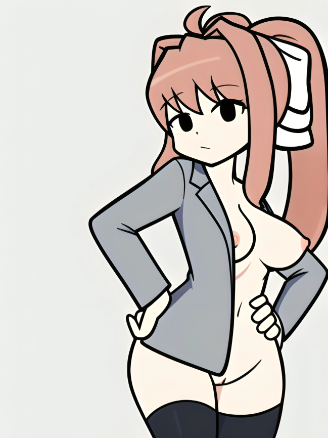 5_fingers ai_generated bangs black_eyes black_thighhighs blazer bow_in_hair coat doki_doki_literature_club doki_doki_takeover friday_night_funkin grey_blazer hands_on_hips looking_at_viewer mob_face monika_(doki_doki_literature_club) monika_(doki_doki_takeover) naked no_bra no_panties nude ponytail sidelocks thighhighs white_bow