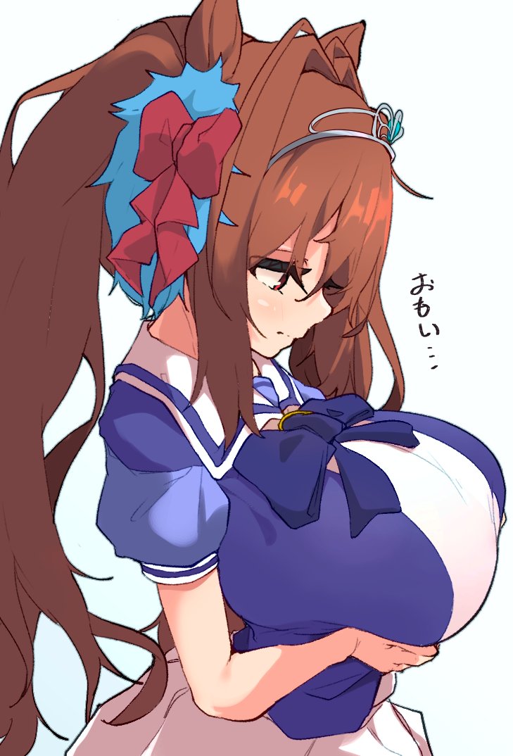 1girls, big breasts, breast grab, breasts, brown hair, clothes, clothing, daiwa scarlet (umamusume), female, female only, grabbing own breast, light skin, light-skinned female, red eyes, solo, spy artservice, tagme, twintails, umamusume