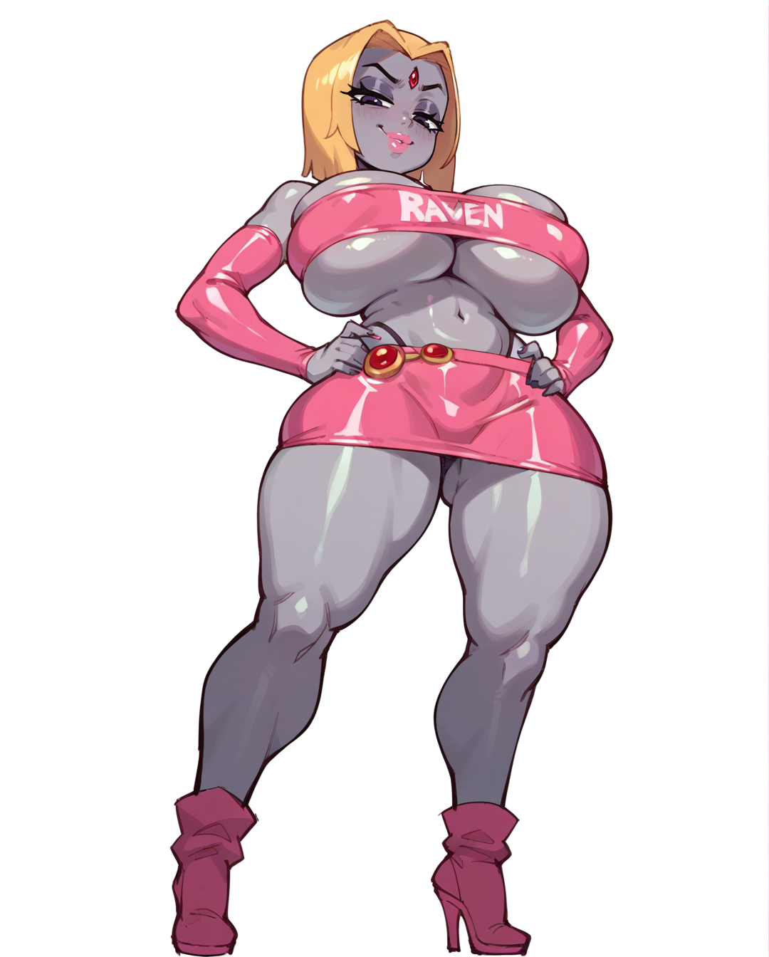 1girls, ai generated, armwear, big breasts, bimbo, bimbo raven, bimbofication, blonde hair, breasts, clothed, clothing, dc, dc comics, female, female only, footwear, high heel boots, high heels, pink armwear, pink clothing, pink skirt, rachel roth, raven (dc), rocksolidart, skirt, solo, solo female, teen titans, white background