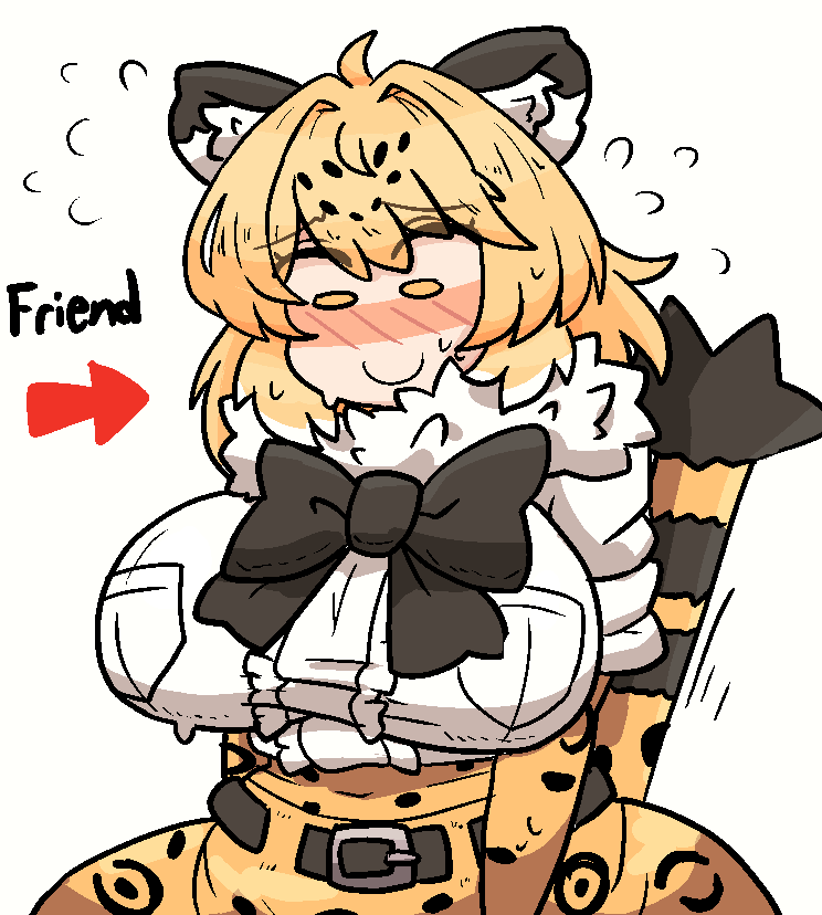 1girls animal_ears animal_humanoid big_breasts blonde_hair breasts clothed_female doodle english_text jaguar jaguar_(kemono_friends) kemono_friends light-skinned_female mob_face notnoe_(dxcl) request sweat tail text white_background yellow_eyes yellow_hair