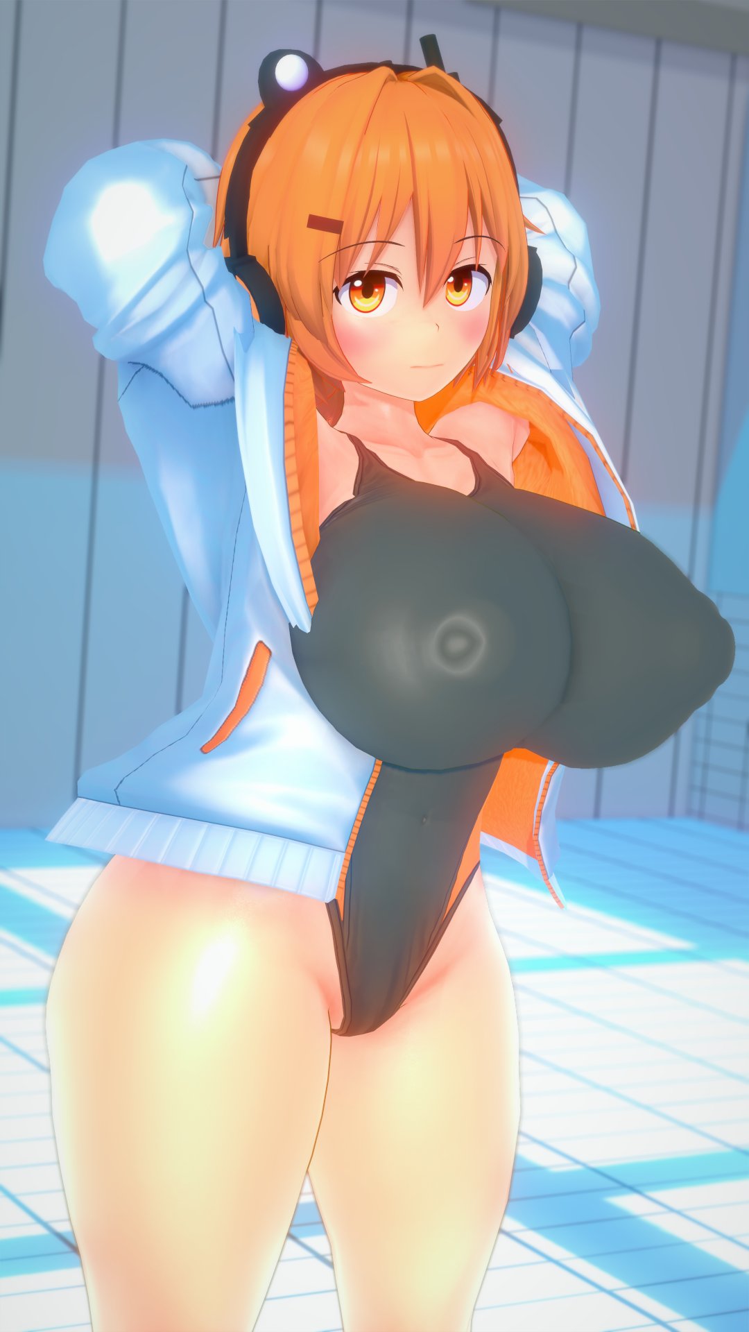 1girls 3d a.i._voice adachi_rei arms_behind_back black_swimsuit breasts closed_mouth collarbone covered_nipples female female_only headlamp headphones huge_breasts koikatsu koikatsu_(medium) looking_at_viewer orange_eyes orange_hair owen_koikatsu radio_antenna short_hair solo solo_female swimsuit utau