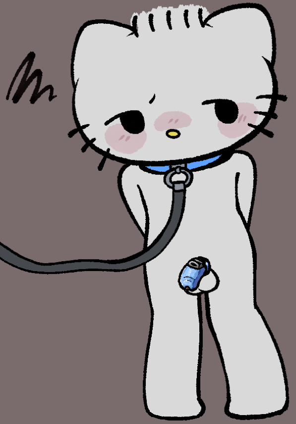 annoyed anthro blush chastity_cage chastity_device collar dear_daniel domestic_cat felid feline felis fur hello_kitty hello_kitty_(series) leash leashed_collar looking_away male mammal sanrio solo touboutenshi white_body white_fur