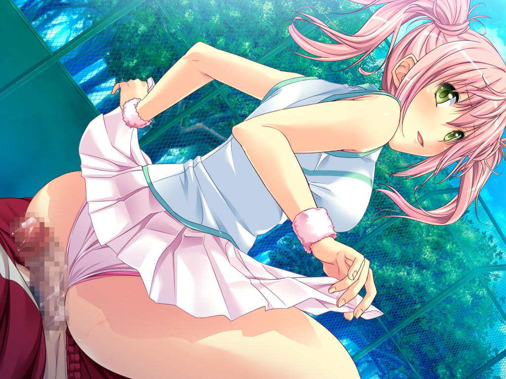 ass blush breasts buttjob censored female highres large_breasts legs looking_back lying marushin_(denwa0214) mosaic_censoring panties penis pink_hair shirato_usagi sitting sitting_on_person skirt skirt_lift supokon!_sports_wear_complex tennis tennis_uniform thighs tied_hair trees twintails underwear uniform yellow_eyes