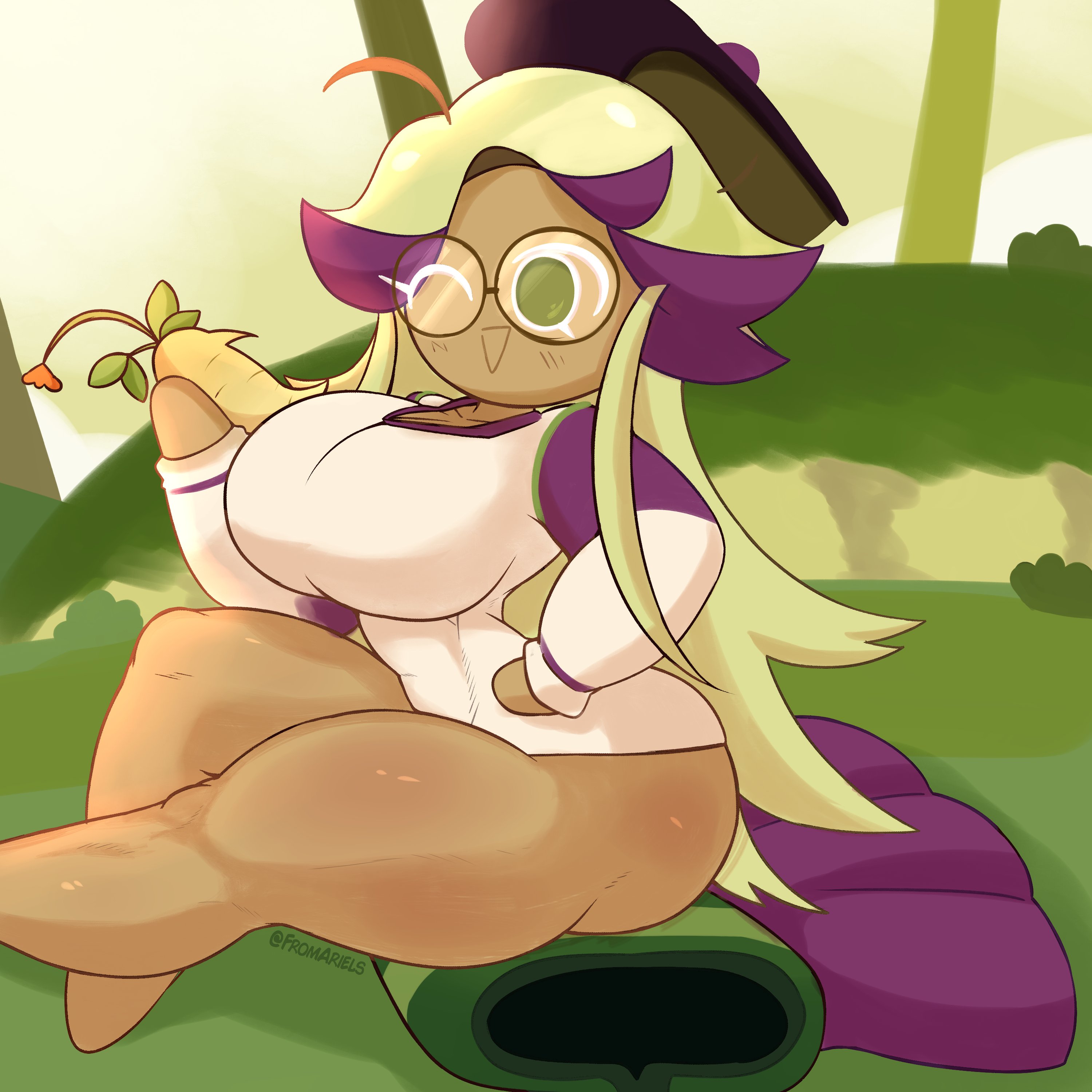 ass, ass focus, bellflower cookie, big ass, big breasts, boob window, breasts, brown body, clothed, cookie run, female, female only, fromariels, glasses, green eyes, hand on hip, happy expression, holding object, hourglass figure, huge ass, hyper, hyper ass, hyper breasts, long hair, long sleeves, messy hair, one eye closed, open mouth, outdoors, outside, purple highlights, revealing clothes, sitting, slight blush, staring at viewer, thick ass, thick thighs, underass, white clothing