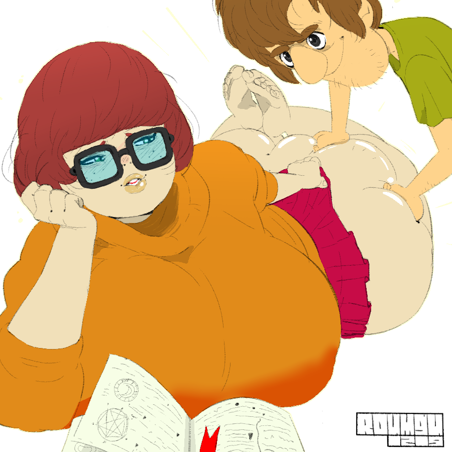 1boy 1girls ass ass_grab big_ass book breasts brown_hair clothing duo fat_ass feet_up female glasses human large_ass light-skinned_female light-skinned_male light_skin looking_at_another male nerdy_female roumgu scooby-doo shaggy_rogers smiling straight transparent_background velma_dinkley