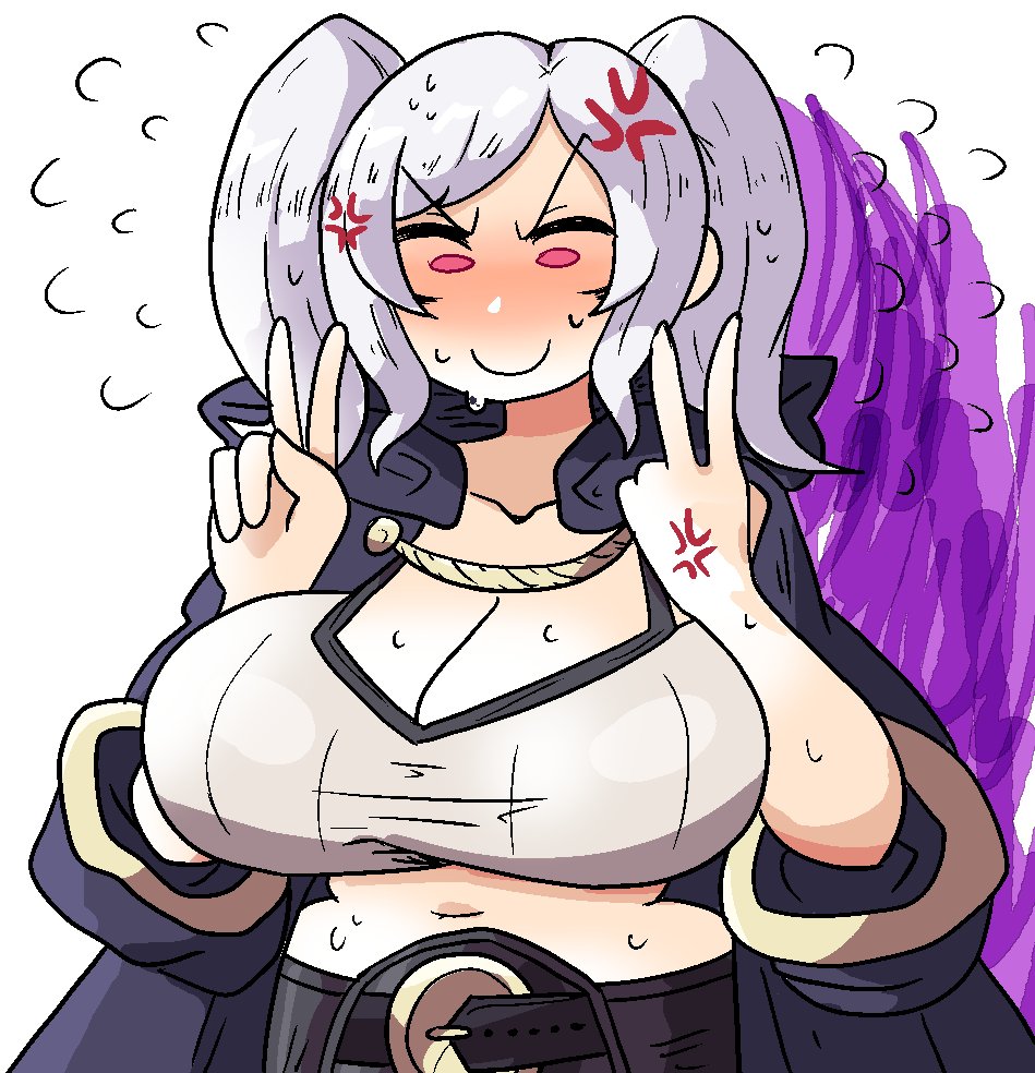 1girls anger_vein angry breasts cleavage clothed_female doodle double_v fire_emblem fire_emblem_awakening grey_hair grima_(fire_emblem) huge_breasts light-skinned_female mob_face nervous nervous_smile nintendo notnoe_(dxcl) peace_sign pink_eyes red_eyes request robin_(fire_emblem) robin_(fire_emblem)_(female) solo sweat sweaty sweaty_breasts twintails v white_background