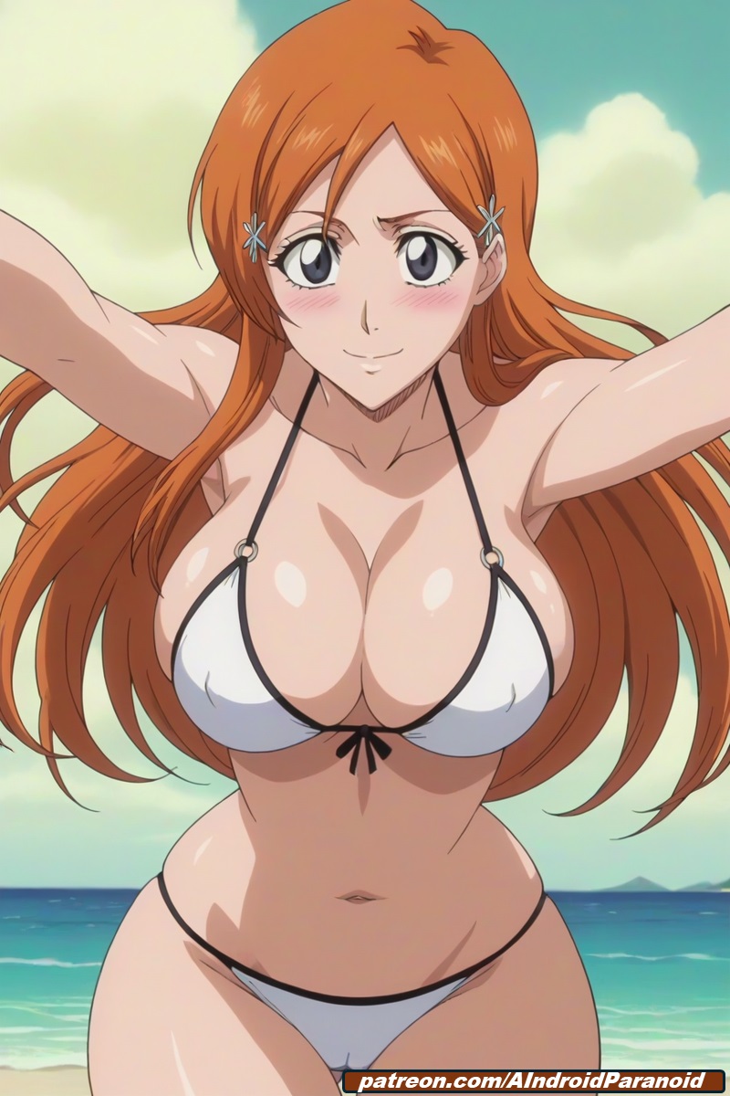 ai_generated aindroidparanoid beach big_breasts bikini bleach blush boobs cameltoe gray_eyes happy huge_breasts inoue_orihime large_breasts long_hair narrow_waist nipples ocean open_arms orange_hair outdoors pussy sand smile stable_diffusion straight_hair tits