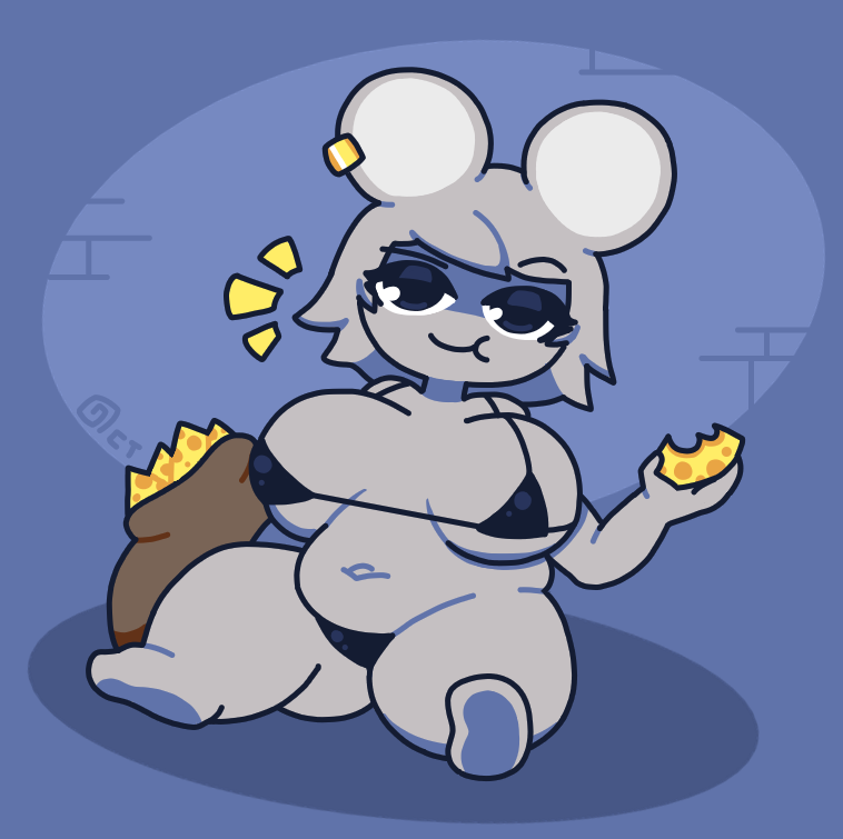 1girls anthro bikini cheese ear_piercing eating female female_only furry grey_body grey_fur grey_hair huge_breasts micro_bikini mouse mouse_ears octotron2000 piercing plump shortstack thick_thighs thong wide_hips