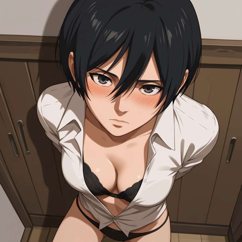 1girls, ai generated, attack on titan, boob window, breasts, cleavage, female, looking at viewer, mikasa ackerman, short hair, solo