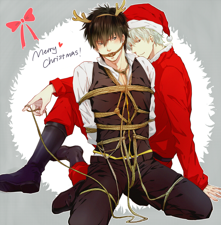 2boys alternate_costume black_hair bondage boots bound bound_arms bound_legs feiqiuxuan gag gay gintama gintoki_sakata hijikata_toshiro kneeling male male_only multiple_boys reindeer_antlers rope rope_gag santa_costume shibari silver_hair sitting yaoi