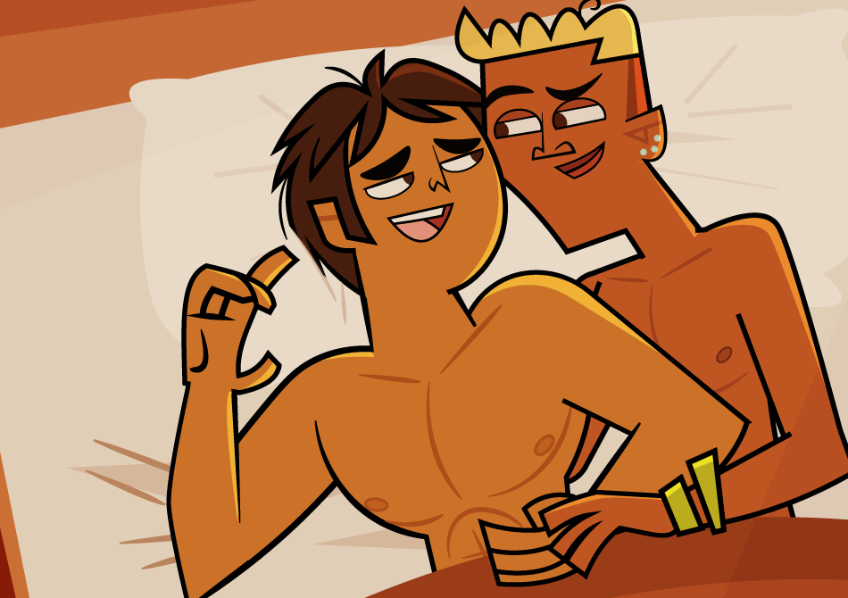 accurate_art_style bed bowie_(tdi) eye_contact gay gay_sex illustration in_bed male male/male male_only messy_hair muscular muscular_male naked pleasure_face raj_(tdi) total_drama_(series) total_drama_island total_drama_island_(2023)