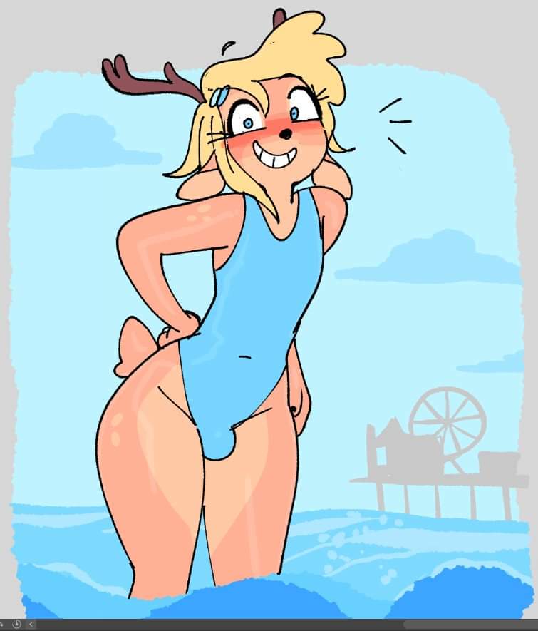 1boy anthro antlers beach blonde_hair blue_clothing blue_eyes blue_swimsuit blush bulge cervid curvy_figure deer deer_boy deer_humanoid femboy girly looking_at_viewer male male_focus male_only oc one-piece_swimsuit original_character seaside sebastian_æa smile solo swimwear tagme