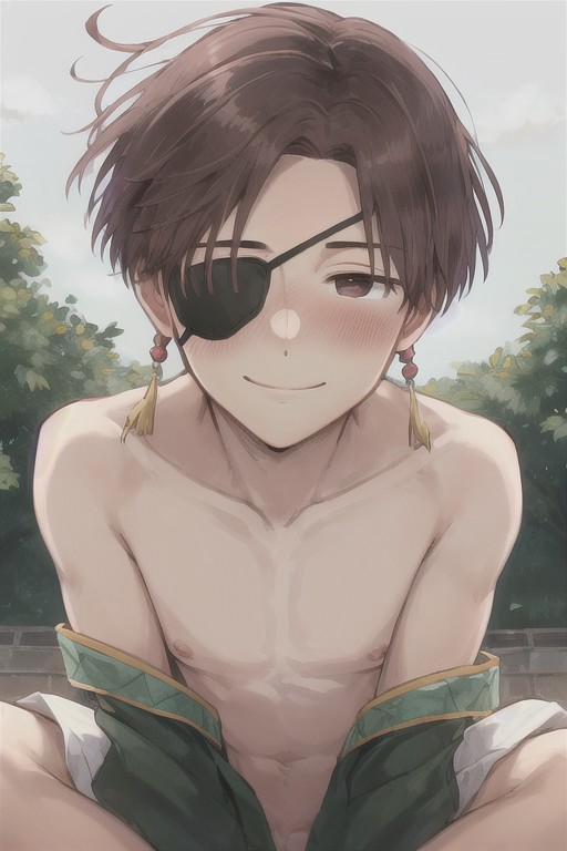 1boy ai_generated blush brown_eyes brown_hair earrings eyepatch gay half-closed_eyes hayato_suo jacket_off_shoulders jacket_only jacket_open looking_at_viewer male male_focus male_only naked nipples nude off_shoulder open_clothes outdoors outside pov pov_eye_contact pubic_hair sex short_hair smile suo_hayato tassel_earrings wind_breaker windbreaker yaoi