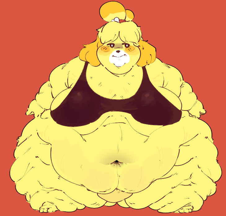 animal_crossing anthro belly big_belly big_breasts blonde_hair breasts canid canine canis chubby_cheeks cloudboyo deep_navel domestic_dog double_chin fat_arms fat_legs fat_rolls female fupa fur hair huge_belly isabelle_(animal_crossing) love_handles mammal morbidly_obese morbidly_obese_anthro morbidly_obese_female navel nintendo obese obese_anthro obese_female overweight overweight_anthro overweight_female red_background shih_tzu simple_background smile solo toy_dog yellow_body yellow_fur