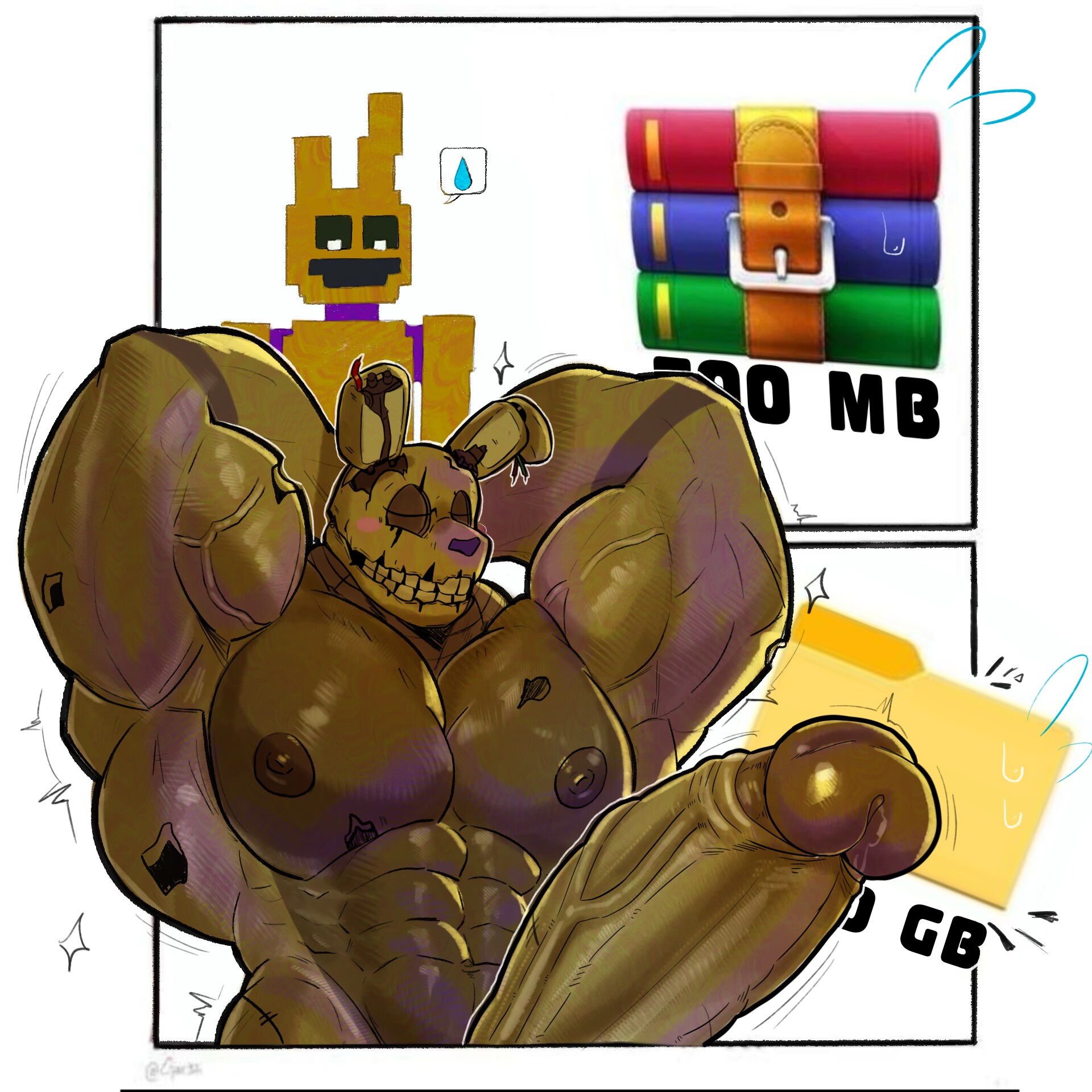anthro, bara, big pecs, big penis, bunny ears, canon vs fanon, cock, decompressed file meme, dick, five nights at freddy's, five nights at freddy's 3, furry, gay, hands behind head, hyper, hyper penis, male, male only, meme, muscular, muscular male, nipples, pecs, penis, scott cawthon, scottgames, springtrap (fnaf), tagme, xiaobaimaomiao