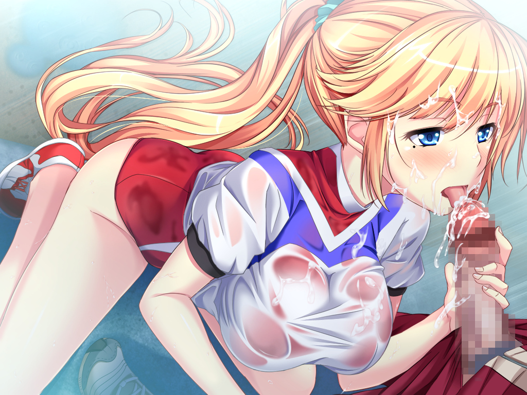 anna_belmonte blonde_hair blue_eyes blush breasts censored cum cum_on_clothes cum_on_hair facial feet fellatio female highres kneeling large_breasts legs leotard licking long_hair marushin_(denwa0214) mole mosaic_censoring oral penis ponytail sneakers solo_focus standing supokon!_sports_wear_complex swimsuit thighs tied_hair tongue track_jacket wet wet_clothes