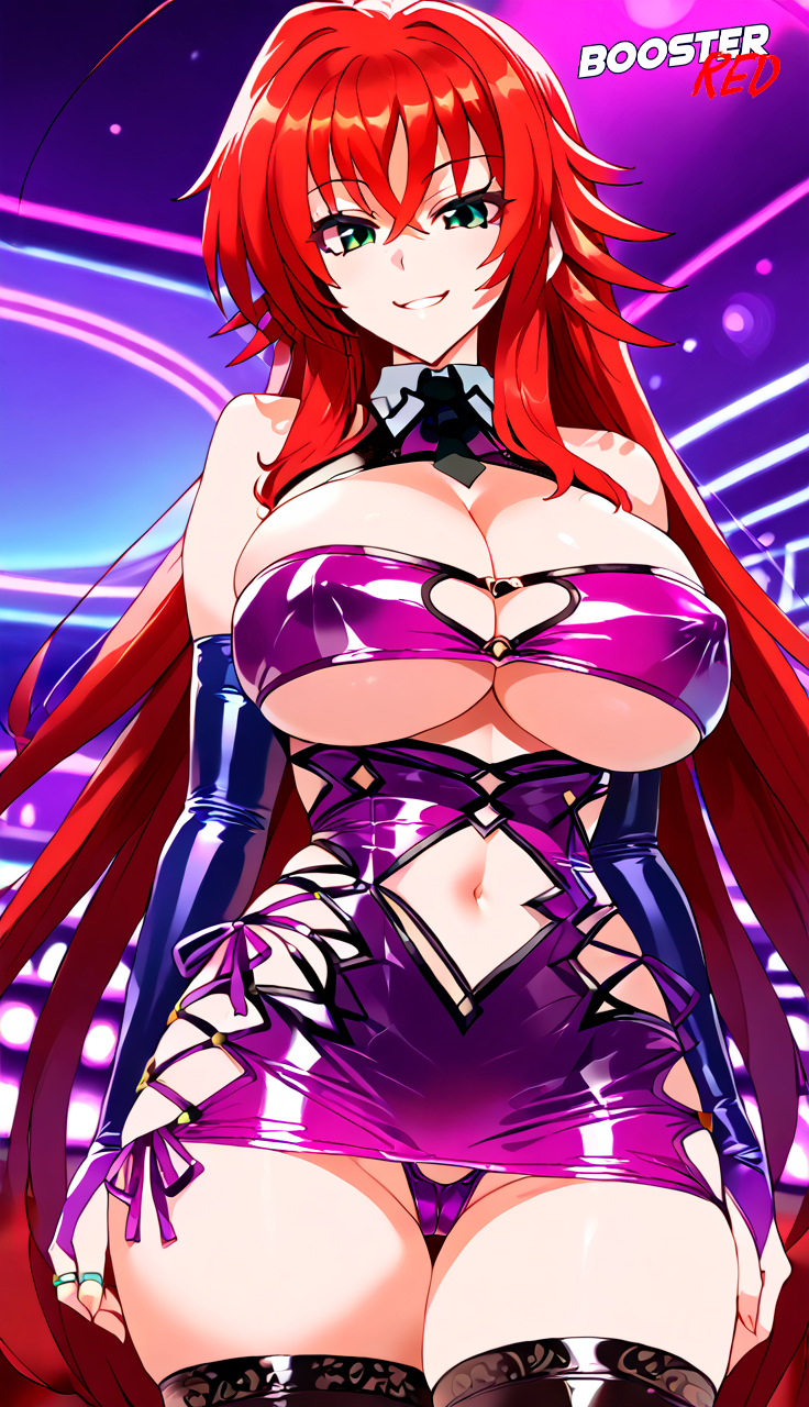 adjusting_panties ai_generated bare_shoulder bodycon boosterred99 bridal_gauntlets brown_eyes cameltoe cleavage clothing_cutout covered_navel covered_nipples cutout dress female female_only green_eyes high_school_dxd large_breasts latex_panties long_hair post-timeskip red_hair rias_gremory ring seductive_smile shiny_clothes side-tie_panties side_locks sideboob skirt solo underboob wavy_hair