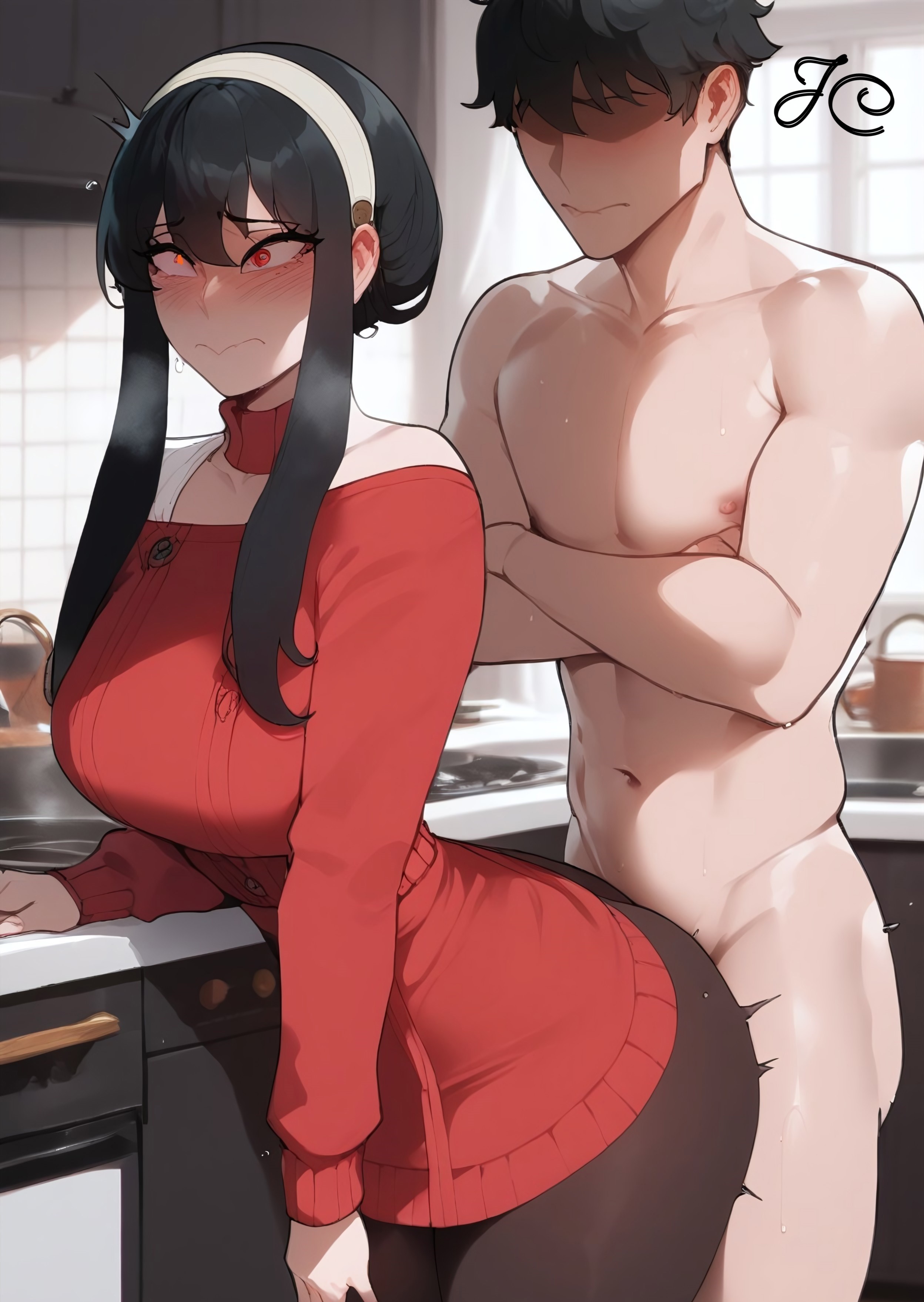 ai generated, ass, behind, big ass, big breasts, blush, breasts, female, from behind, huge ass, huge breasts, kitchen, nervous, nervous smile, penetration, sex, spy x family, yor briar, yor forger