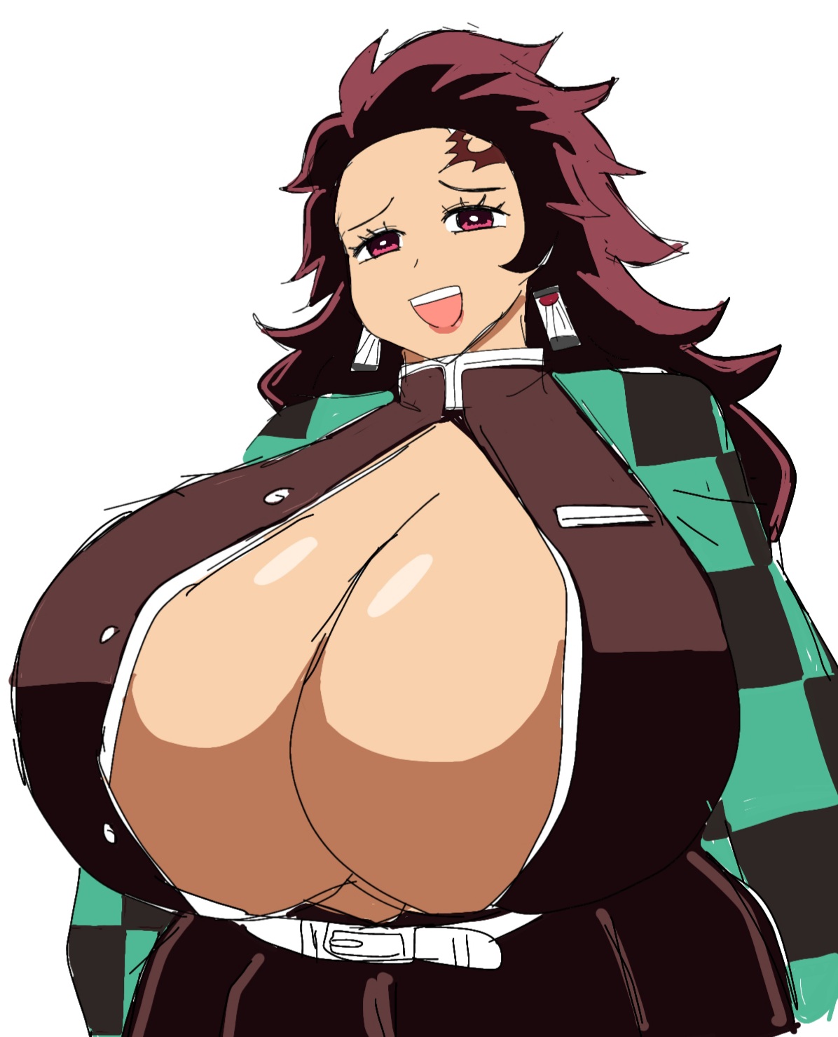 1girls, big breasts, breasts, breasts bigger than head, breasts focus, breath, demon slayer, female, female only, female tanjirou, genderswap, genderswap (mtf), huge breasts, kamado tanjirou, kimetsu no yaiba, lipstick, long hair, momiji (artist), red eyes, red hair, rule 63, smile, smiling, smiling at viewer, thick thighs