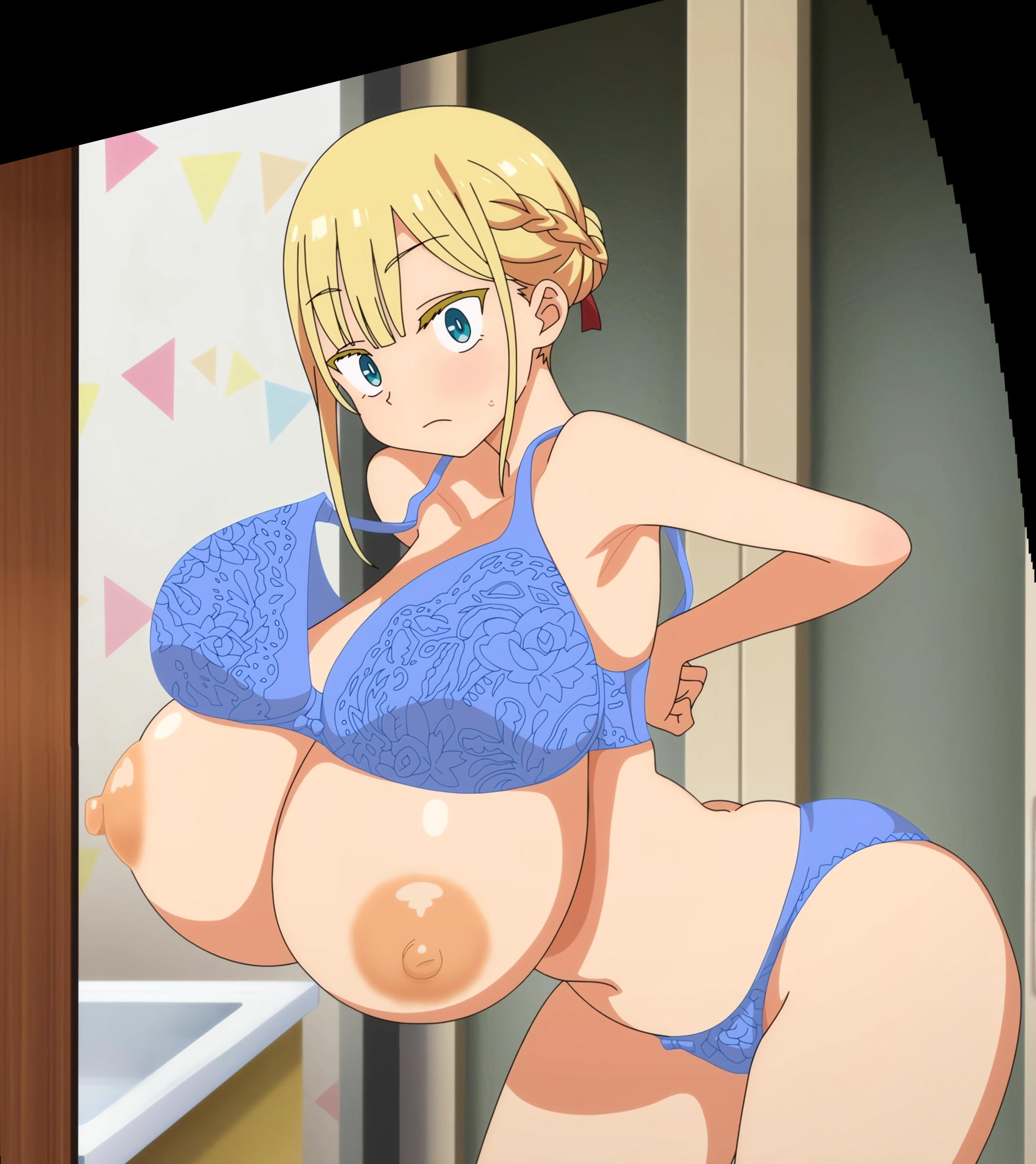 1girls, alice (choro mesu days), areolae, ass, blonde hair, blush, bra, breasts, breasts bigger than head, choro mesu days, green eyes, huge breasts, large areolae, large ass, large breasts, looking at viewer, nipples, panties, puffy nipples, screencap, stitched, thick thighs, thighs, tied hair, toono esuke, undressing