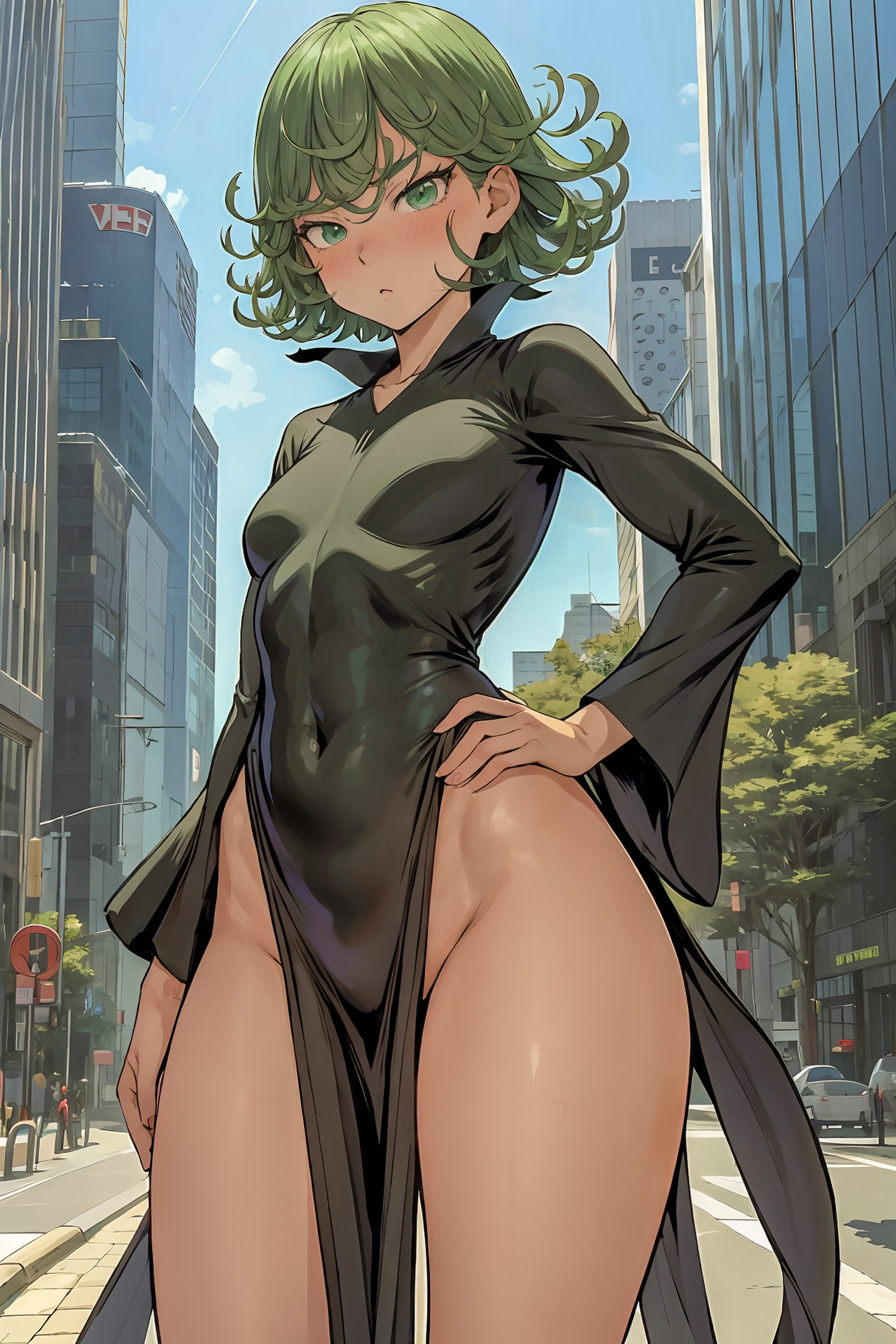 1girls, ai generated, bangs, blush, bottom heavy, breasts, building, car, city, clothing, collarbone, collared dress, curly hair, curvy, dress, eyelashes, female, female focus, female only, green eyes, green hair, hand on hip, highres, hips, human, jialote, long sleeves, looking at viewer, medium hair, navel, navel visible through clothes, no bra, no panties, one-punch man, outdoors, parted lips, petite, pinup, plant, ribs, shiny skin, small breasts, solo, solo female, stable diffusion, tatsumaki, thick thighs, thighs, tree, wide hips, wide sleeves